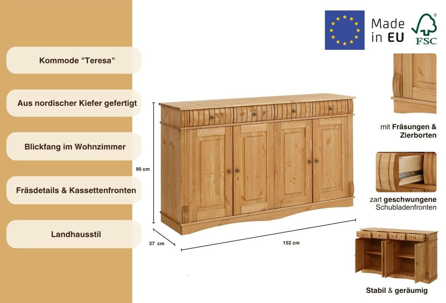 OTTO home Sideboard Teresa (Maße (B/T/H): 152/37/90 cm), Kommode, 4-türig, Breite 152 cm, aus massiver Kiefer, FSC®