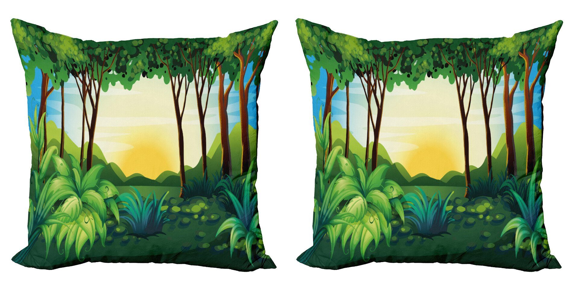 Kissenbezüge Modern Accent Doppelseitiger Digitaldruck, Abakuhaus (2 Stück), Jungle Leaves Wald Sonnenaufgang Natur