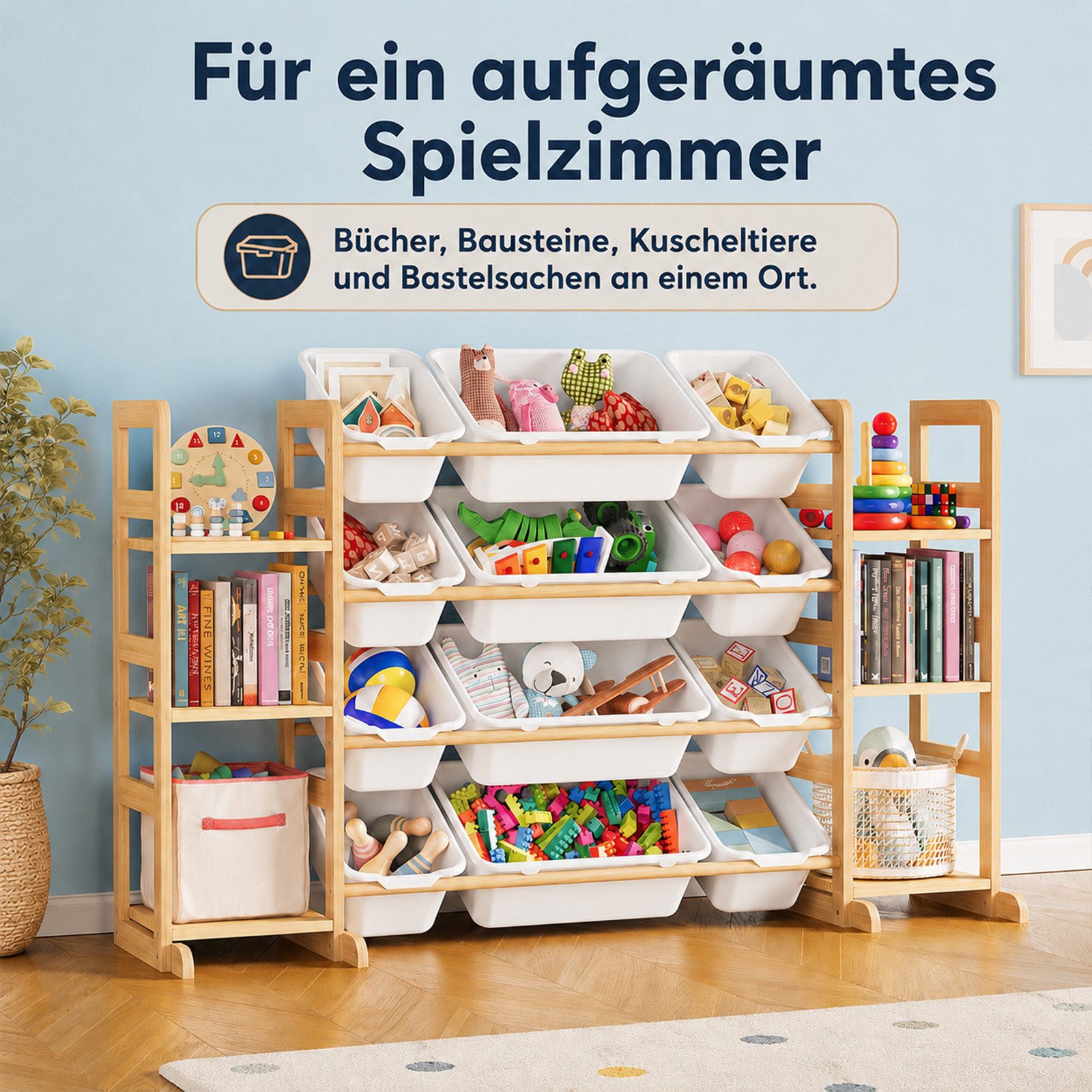 BlingBin Spielzeugtruhe Kinderregal, Spielzeugregal Bücherregal mit 12 Aufbewahrungsboxen (1er Set, 1 St., 133L x 34,5B x 80H cm), Kinder-Mülleimerregal, Spielzeugkiste für Spielzimmer-Organisation