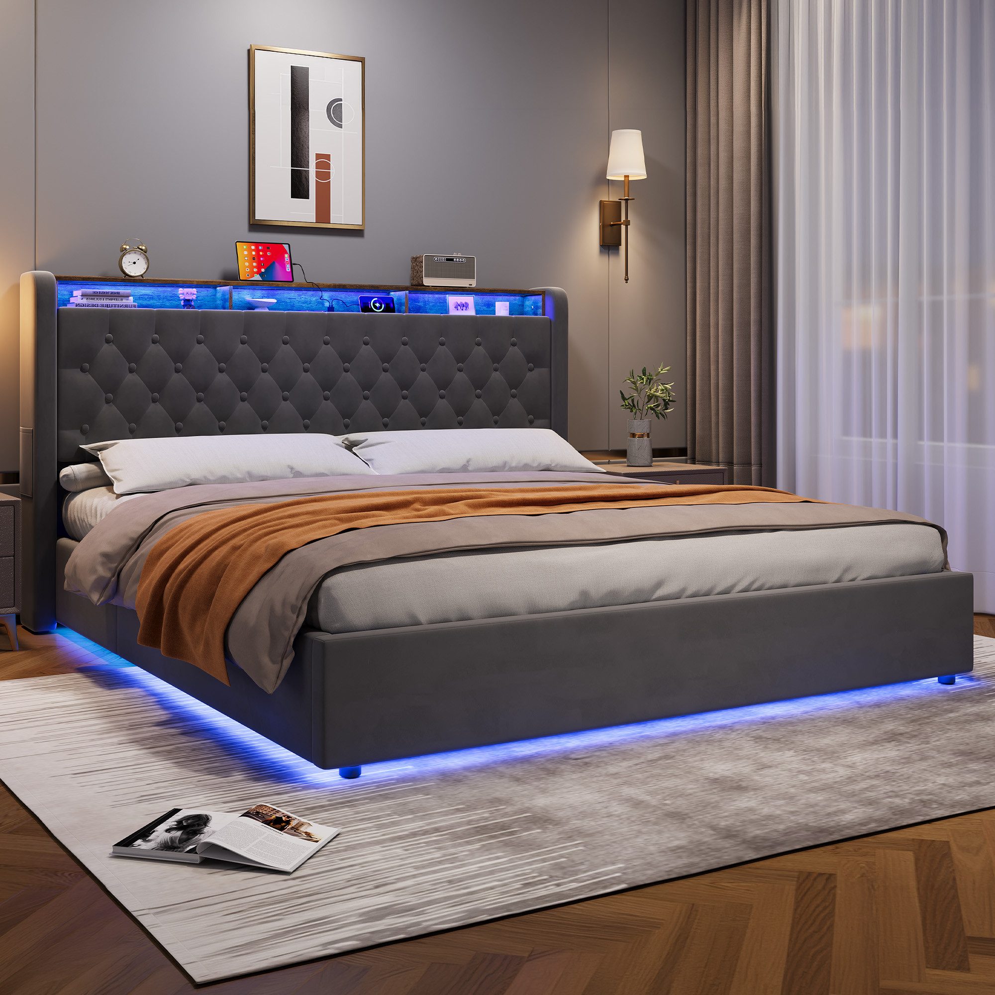 REDOM Polsterbett Hollandvelours-Bezug, mit Stauraum & Ablage (Funktionsbett, 1-tlg., Robuster Metallrahmen, Lattenrost inklusive, ohne Matratze), 180x200 cm mit LED-Beleuchtung und USB-Anschlüssen