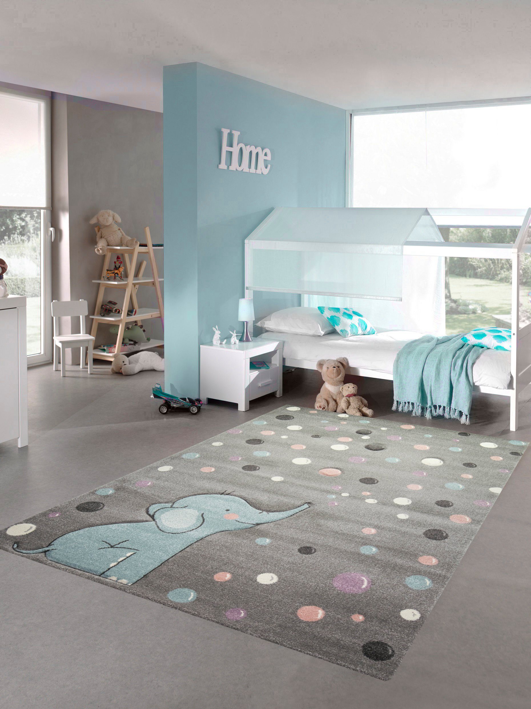Kinderteppich Kinderteppich Elefant Kinderzimmerteppich mit Punkten in grau blau, Teppich-Traum, rechteckig, Höhe: 13 mm