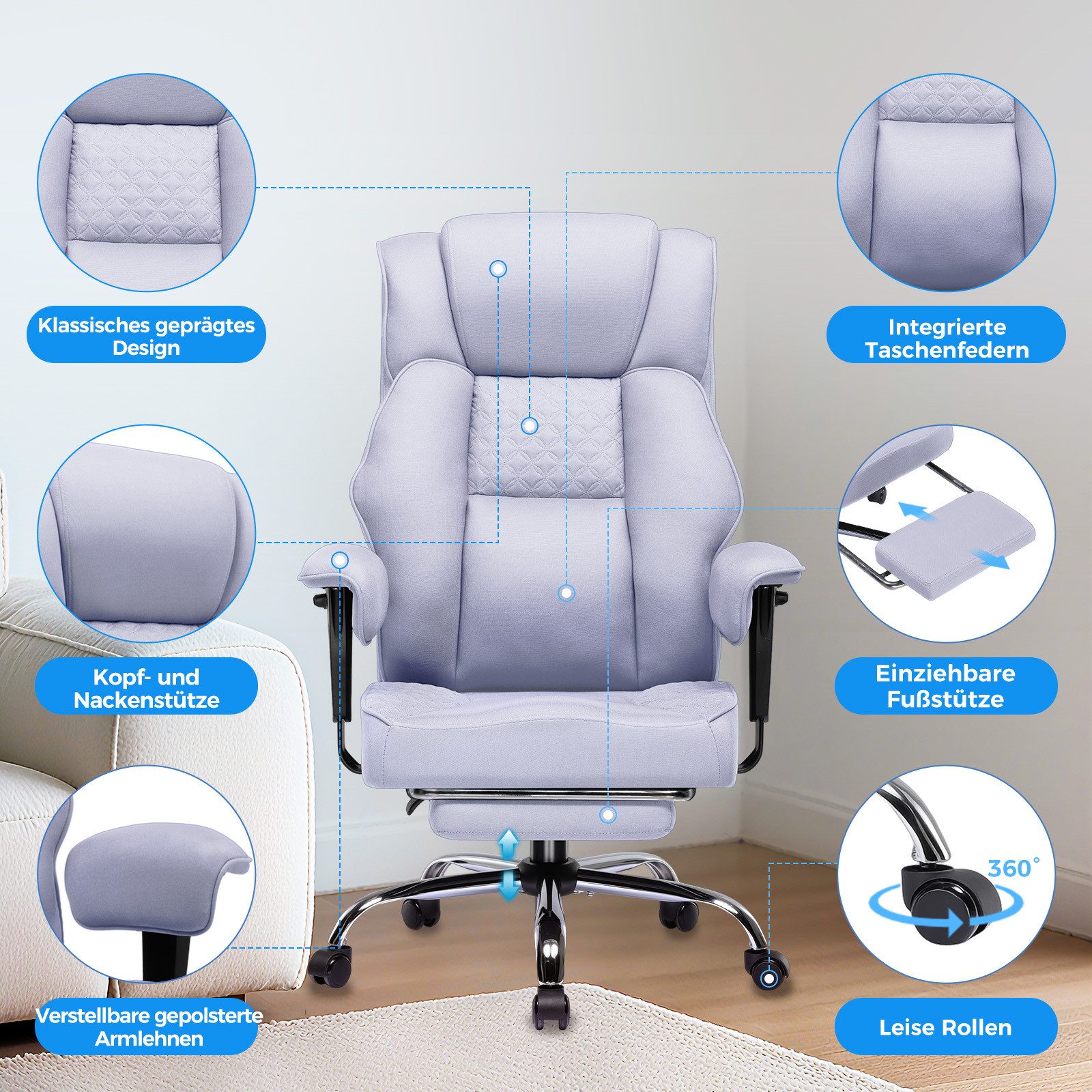 GTPLAYER Gaming-Stuhl für Große und Schwere Personen, ergonomischer Bürostuhl bis 180 kg, 3D Sitzkissen, verstellbar mit Fußstütze für Büro & Gaming