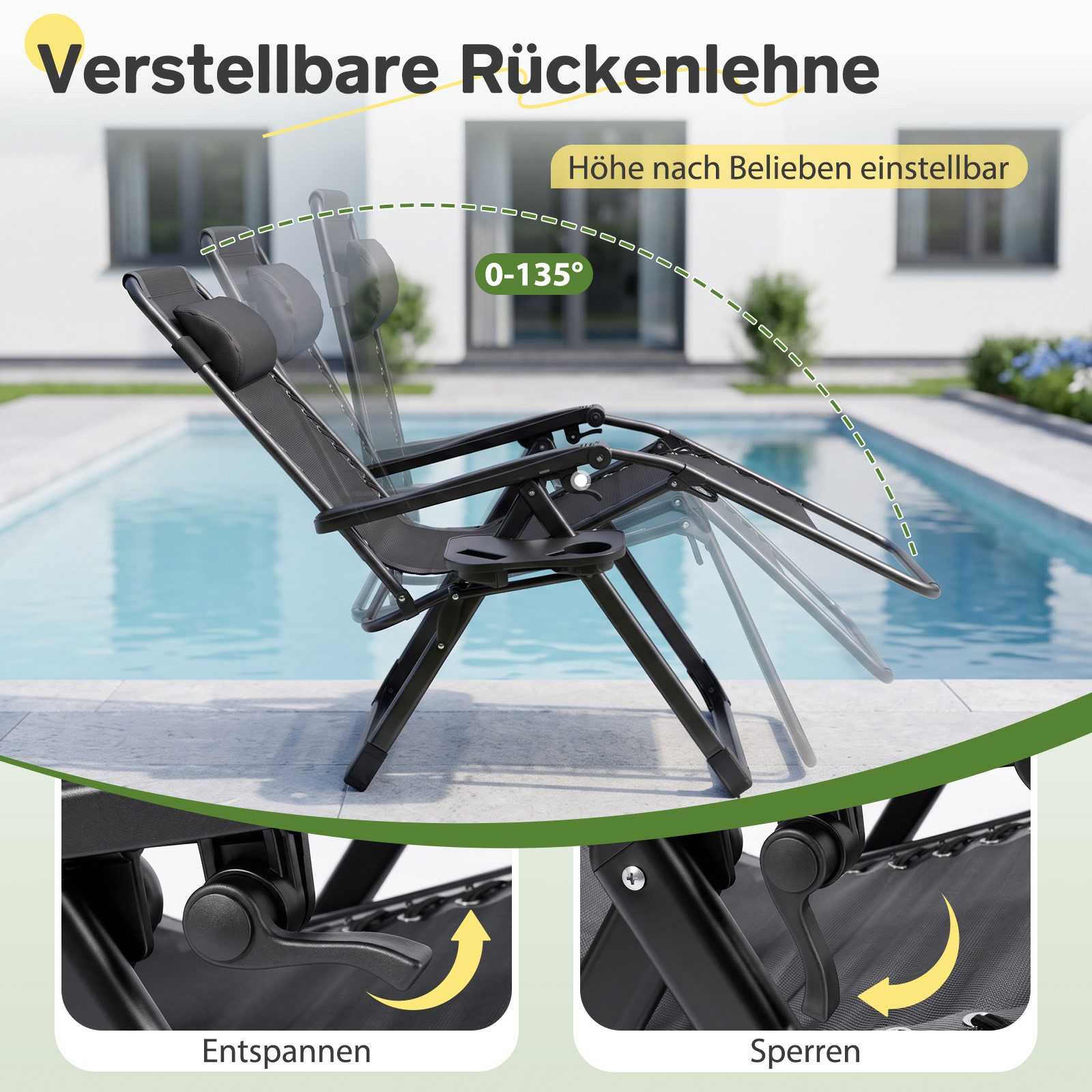 Sekey Gartenliege Sonnenliege Klappbar Gepolstert Liegestuhl mit Auflage Getränkehalter, 3-stufig verstellbar, Campingstuhl bis 200 kg, mit Nackenkissen – Bild 3 von 5