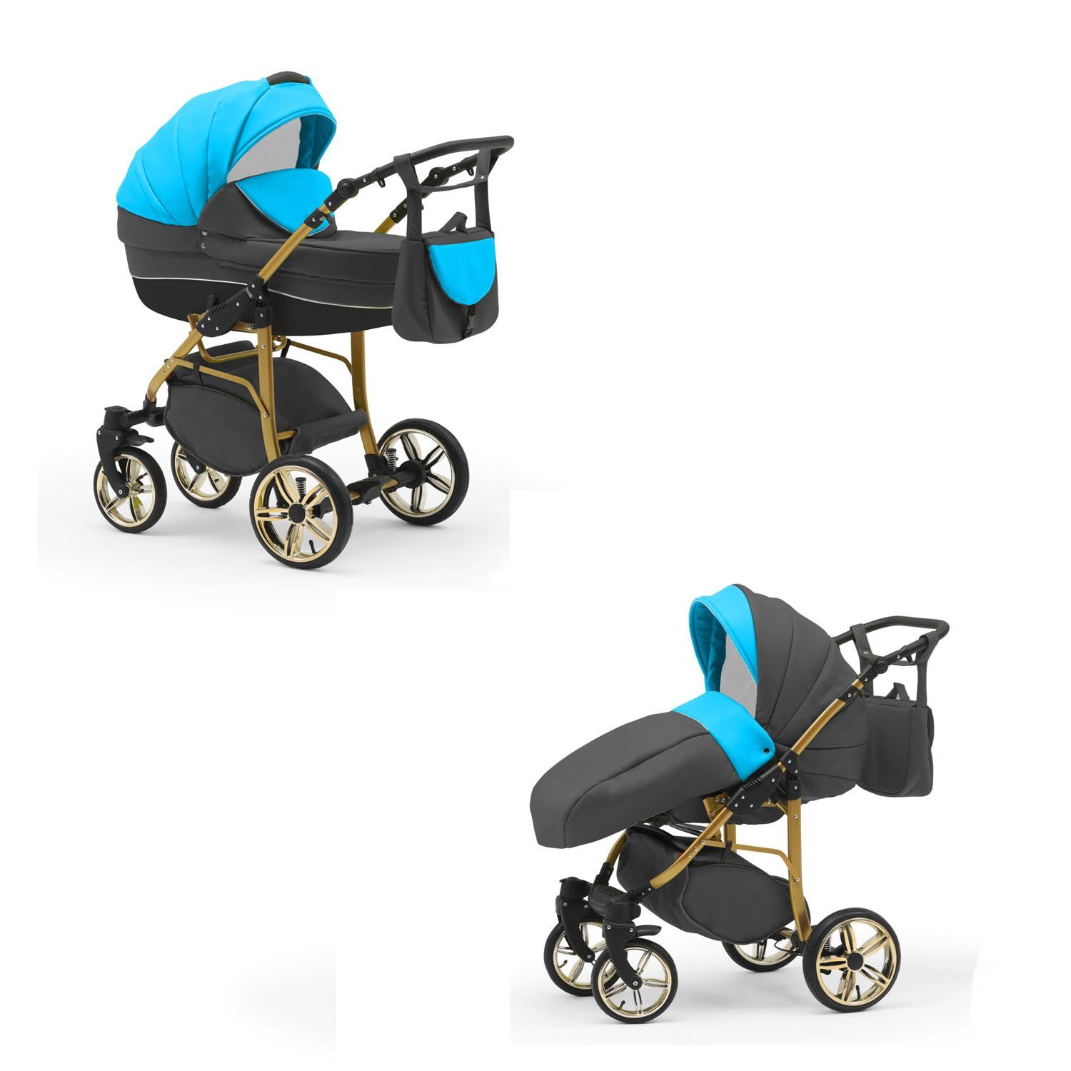 babies-on-wheels Kinderwagen-Set Türkis-Grau-Schwarz 46 1 Gold - 2 13 in - in Kombi-Kinderwagen Teile Cosmo Farben