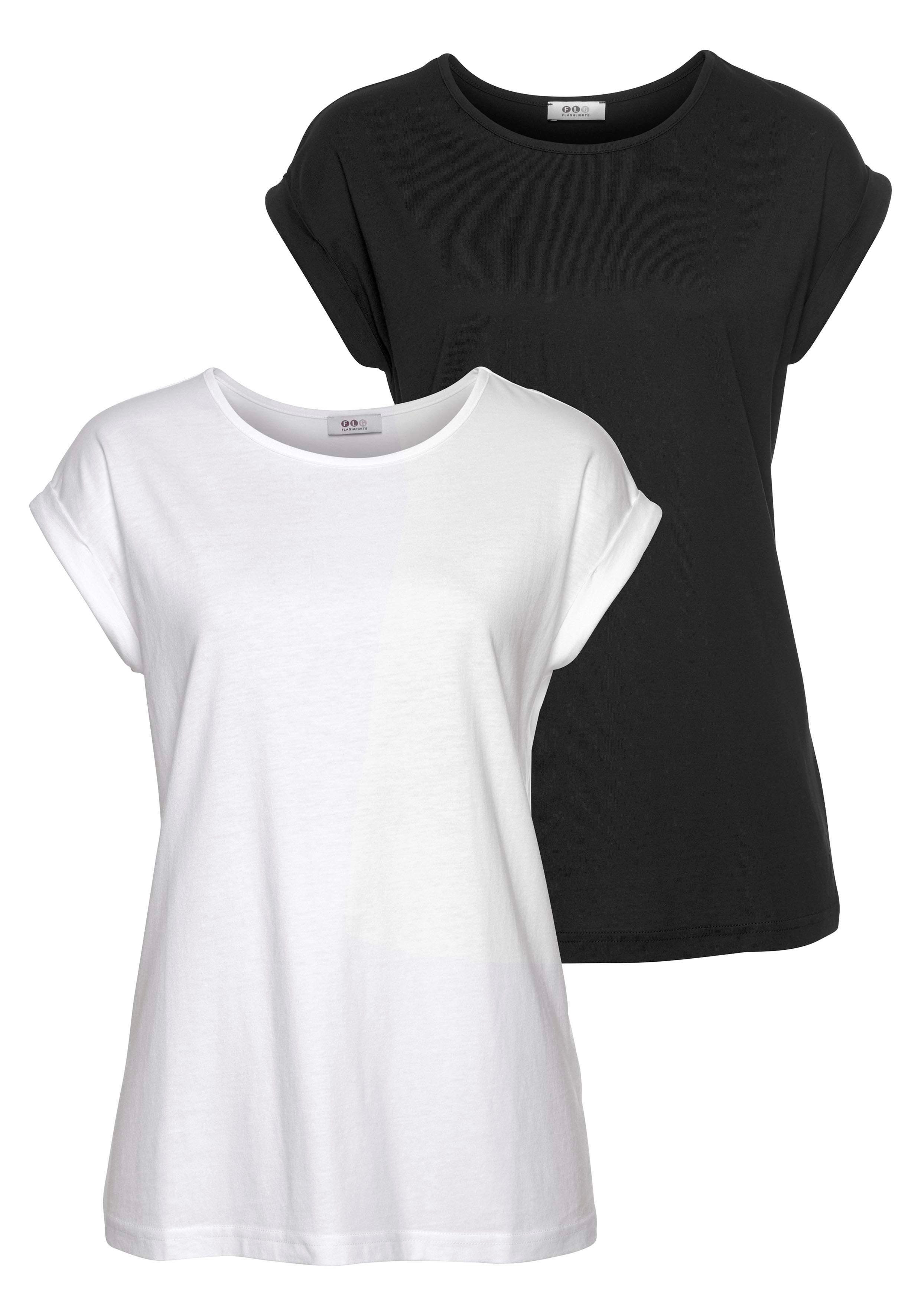 kleinem (2er-Pack) T-Shirt Schultern weiß, & überschnittenen Flashlights Ärmelaufschlag schwarz mit