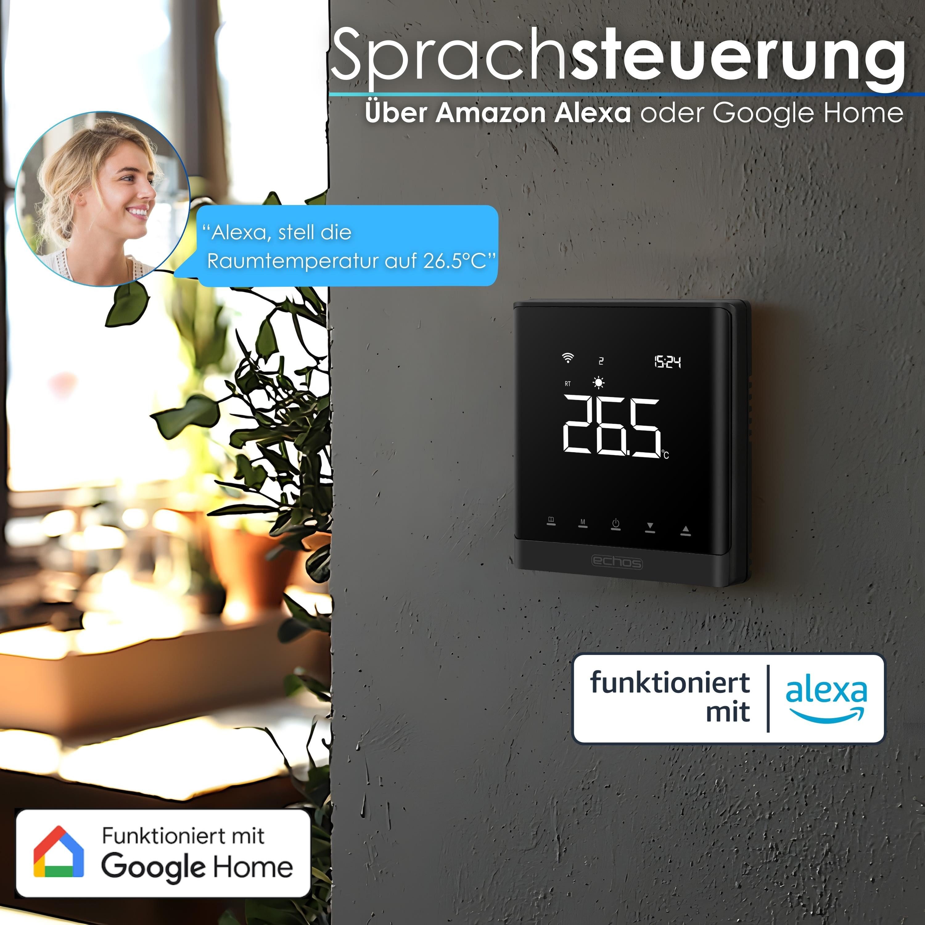 echos Raumthermostat WLAN Wandthermostat Eco-4181, elektronisch, Dimmbares Display,Touchtasten,Smart Life App-Steuerung,Sprachsteuerung