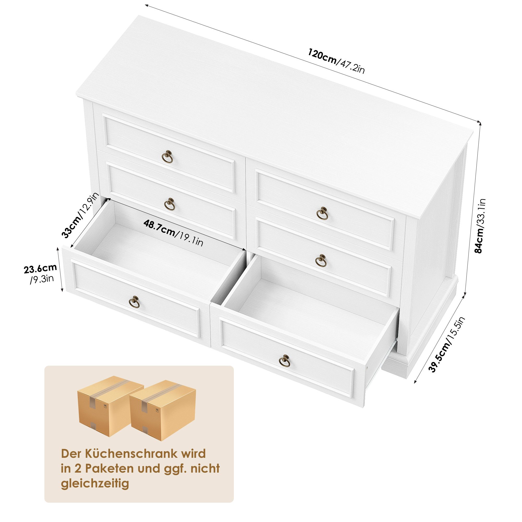 HOMECHO Kommode, Weiß mit 6 Schubladen, 120cm Breit Komodenschrank Sideboard
