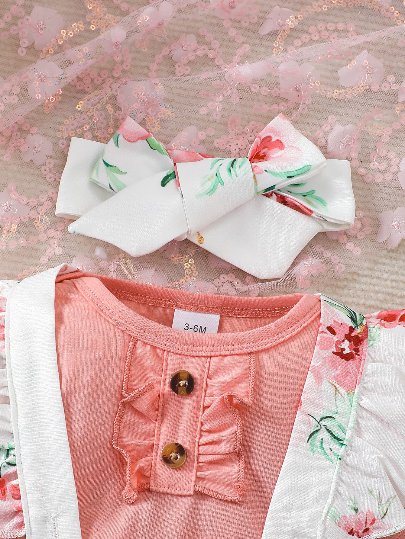 Gluckids Strampler Baby Mädchen Süßes Set Blumen Langarm Babykleidung Casual Anzug (3-tlg) Rüschen Overall + Hose+ Stirnband Set, Frühling Herbst Babykleidung