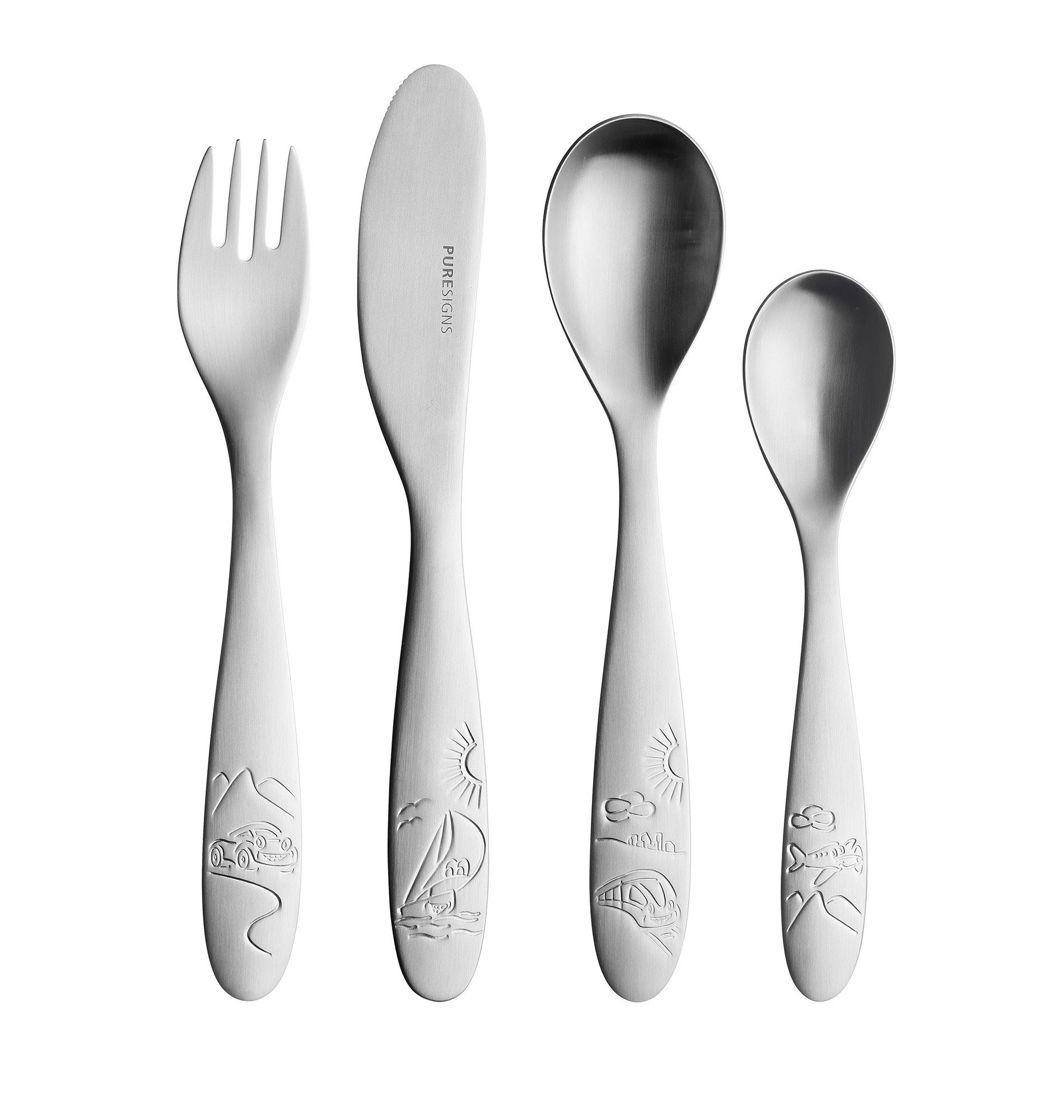 PURESIGNS Kinderbesteck TRIP (4-tlg), 1 Personen, Edelstahl 18/10, Plastikfreier Essgenuss für die Kleinen