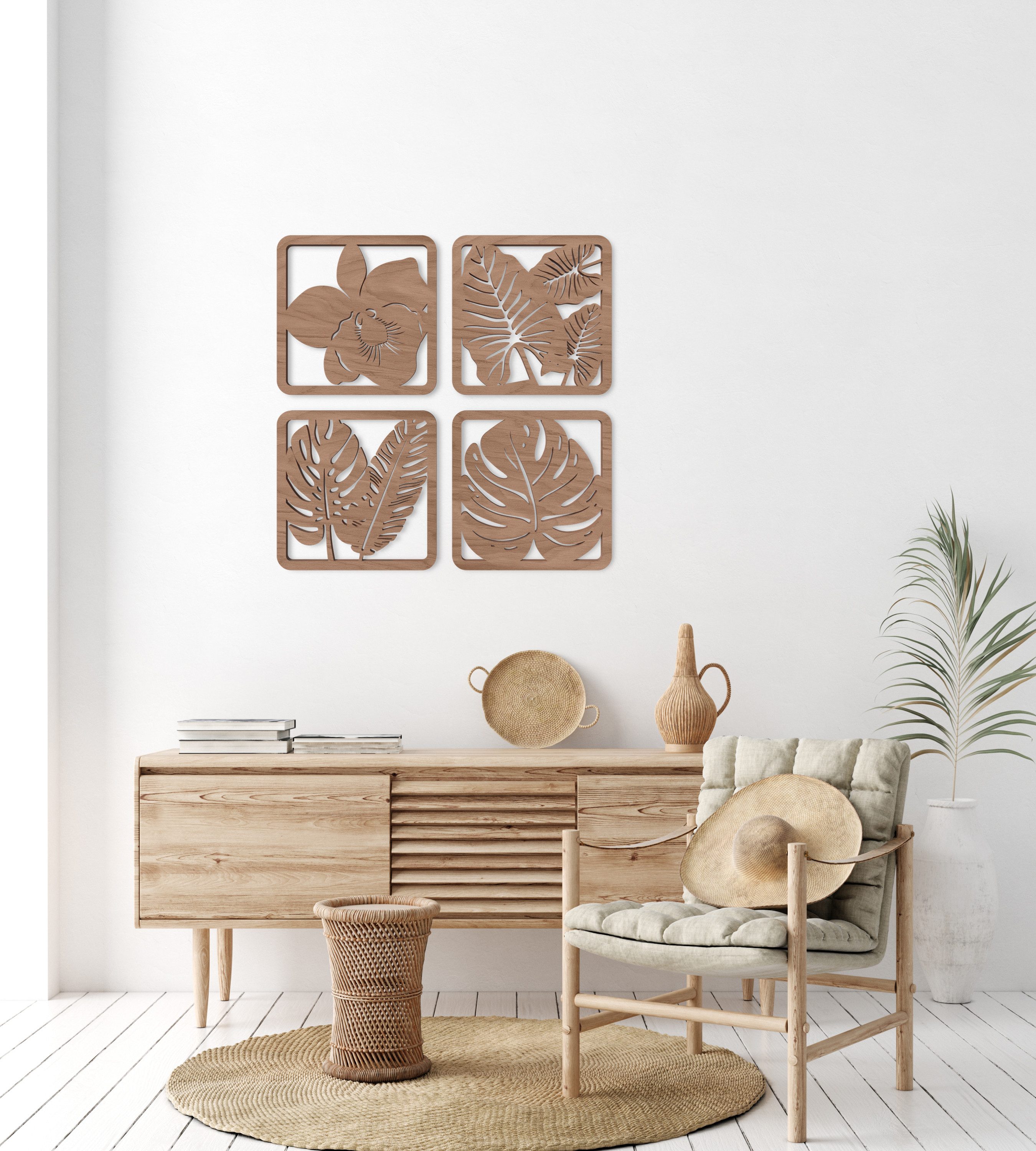 ORNAMENTI Wanddekoobjekt 3D Wanddeko aus Holz für Wohnzimmer, Tropische Palmen, Monstera (Hingucker Wandbild, Holzdeko, Holzbild, stilvolle Wanddekoration, Wandpaneel, Ornament, Wandrelief), Verzierung fur Zuhause, Wandkunst, Dekorative Skulptur