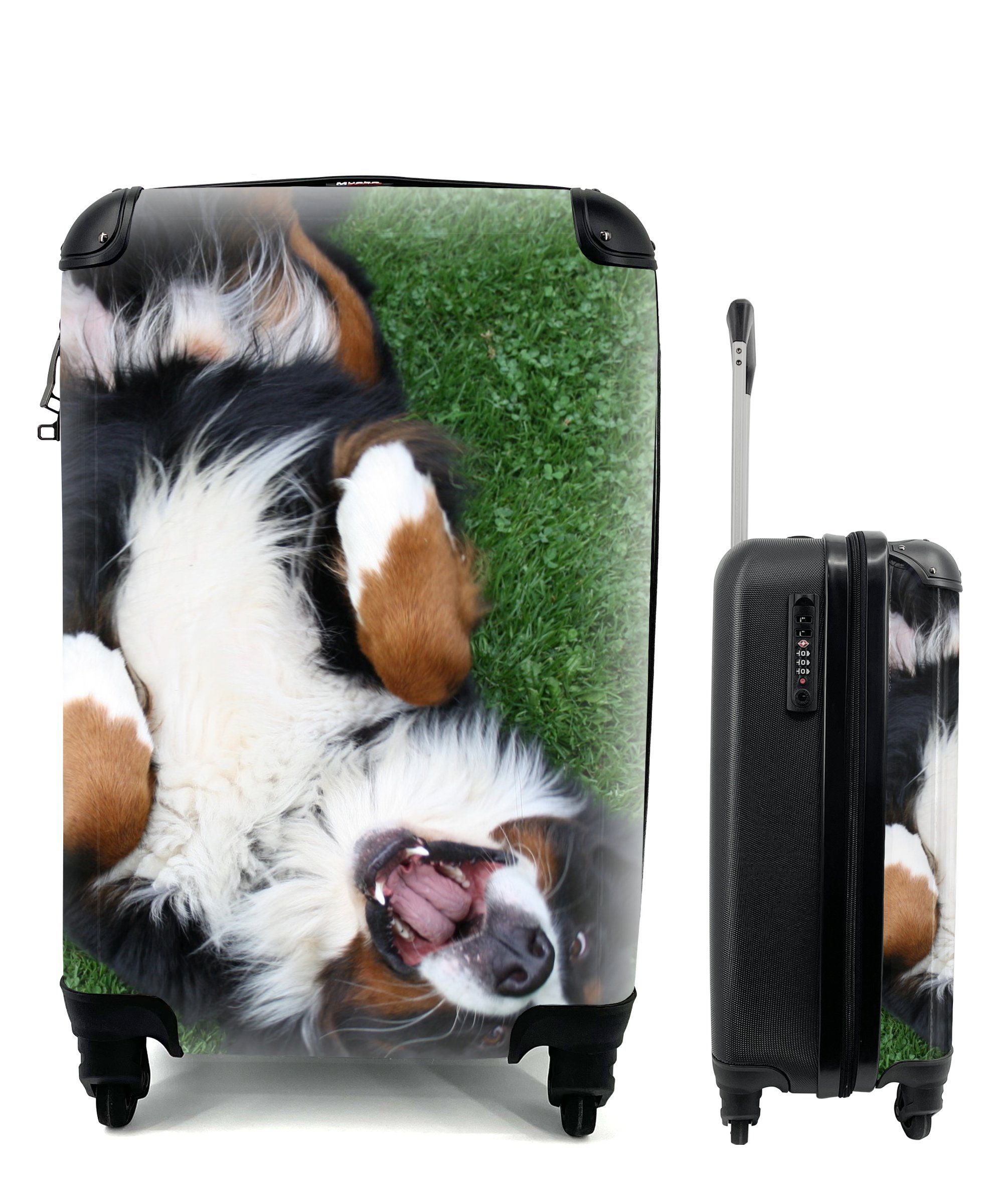 MuchoWow Handgepäckkoffer Berner Sennenhund im Gras liegend, 4 Rollen, Reisetasche mit rollen, Handgepäck für Ferien, Trolley, Reisekoffer