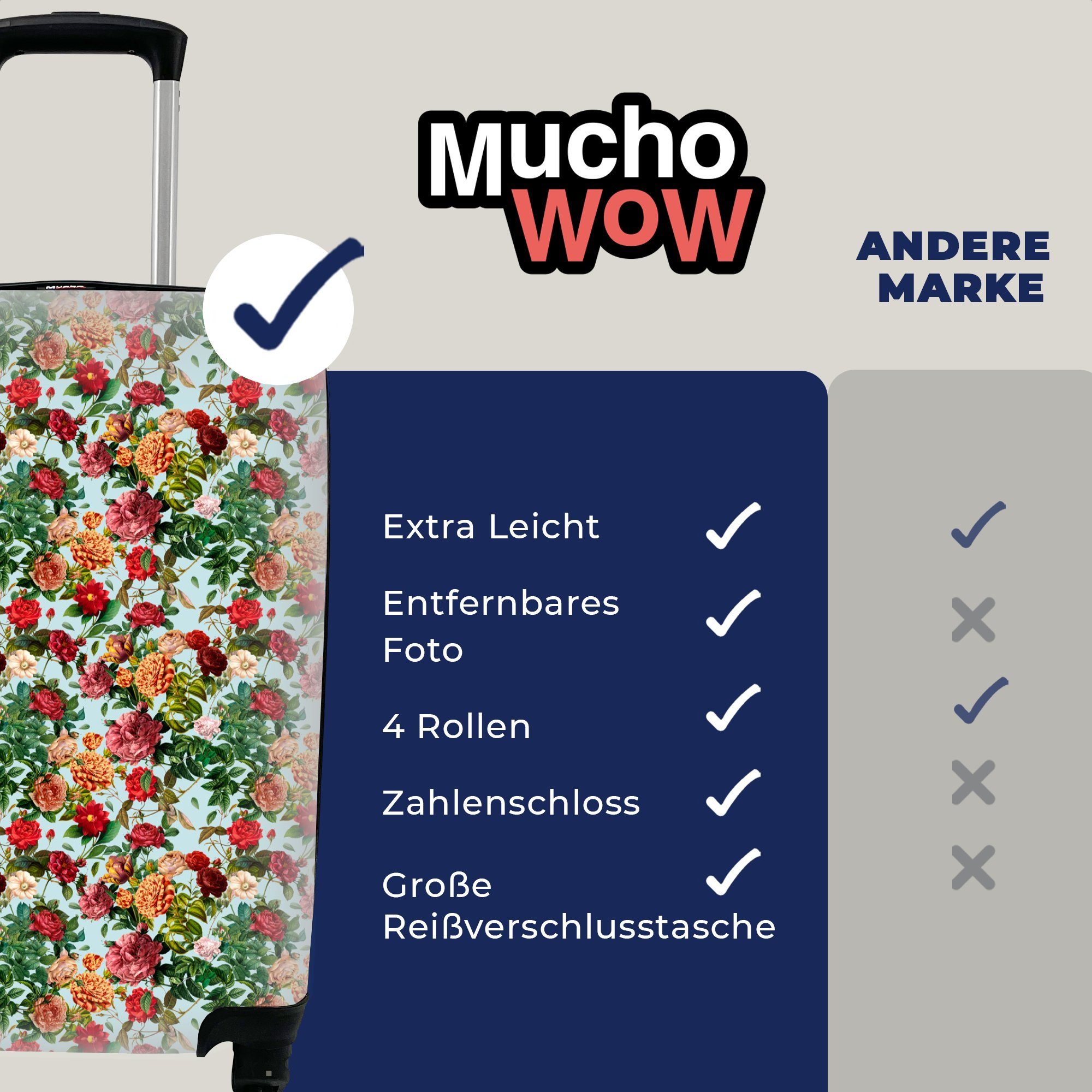 MuchoWow Handgepäckkoffer Blumen - 4 Trolley, Rollen, Reisekoffer Reisetasche für Rot, Muster mit Ferien, Handgepäck rollen, 