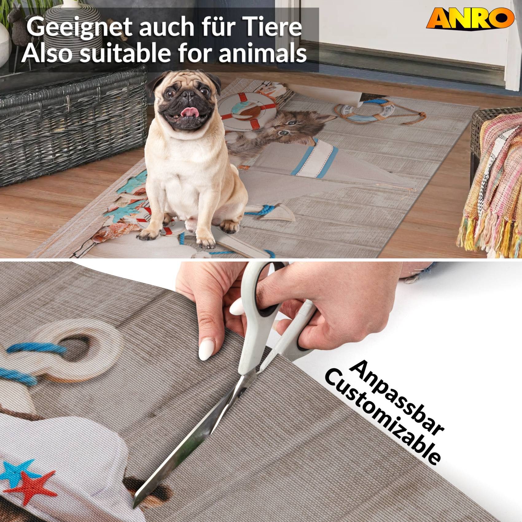 ANRO Küchenläufer LUIGI Katze Maritim pflegeleicht hochwertig Flurläufer Küchenteppich, eckig, Höhe: 3 mm, Teppichläufer 100cm Nordsee Bunt wasserdicht – Bild 4 von 5