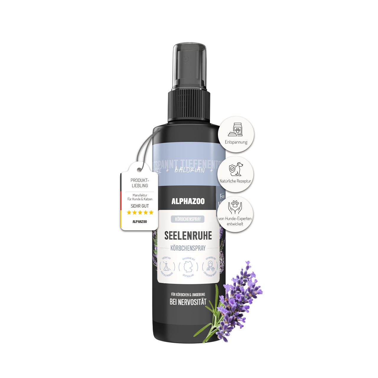 ALPHAZOO Fellpflege Seelenruhe Körbchenspray I Hunde, 250 ml, Natürliches Anti Stress Beruhigungsmittel I mit Baldrian