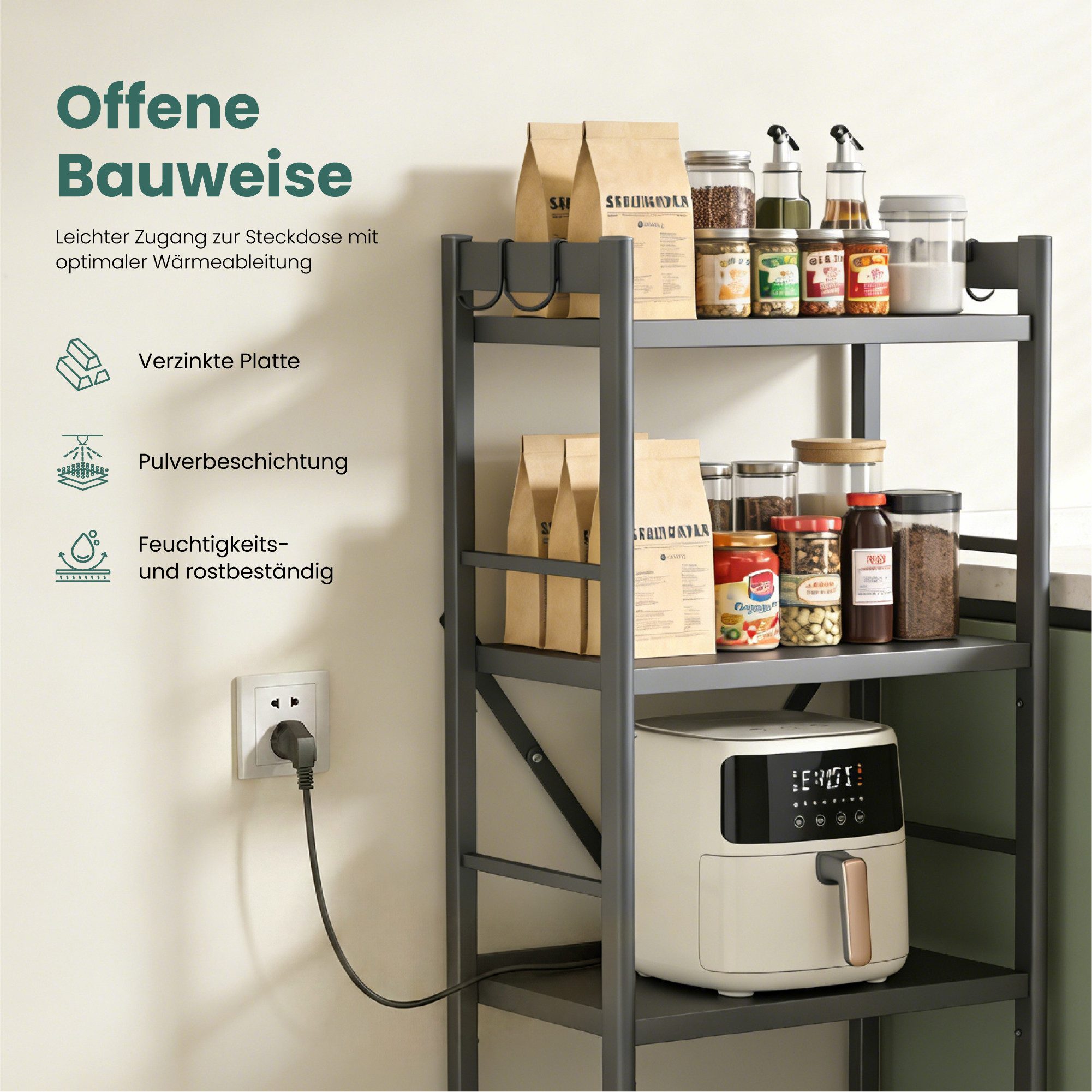 Mai & Mai Küchenregal Standregal 4 Ebenen 360° schwenkbare Lenkrollen 60x41x125cm Reglo-13, Lagerregal 4 Ebenen 4 Haken Modern-Design, für Küche – Bild 4 von 5