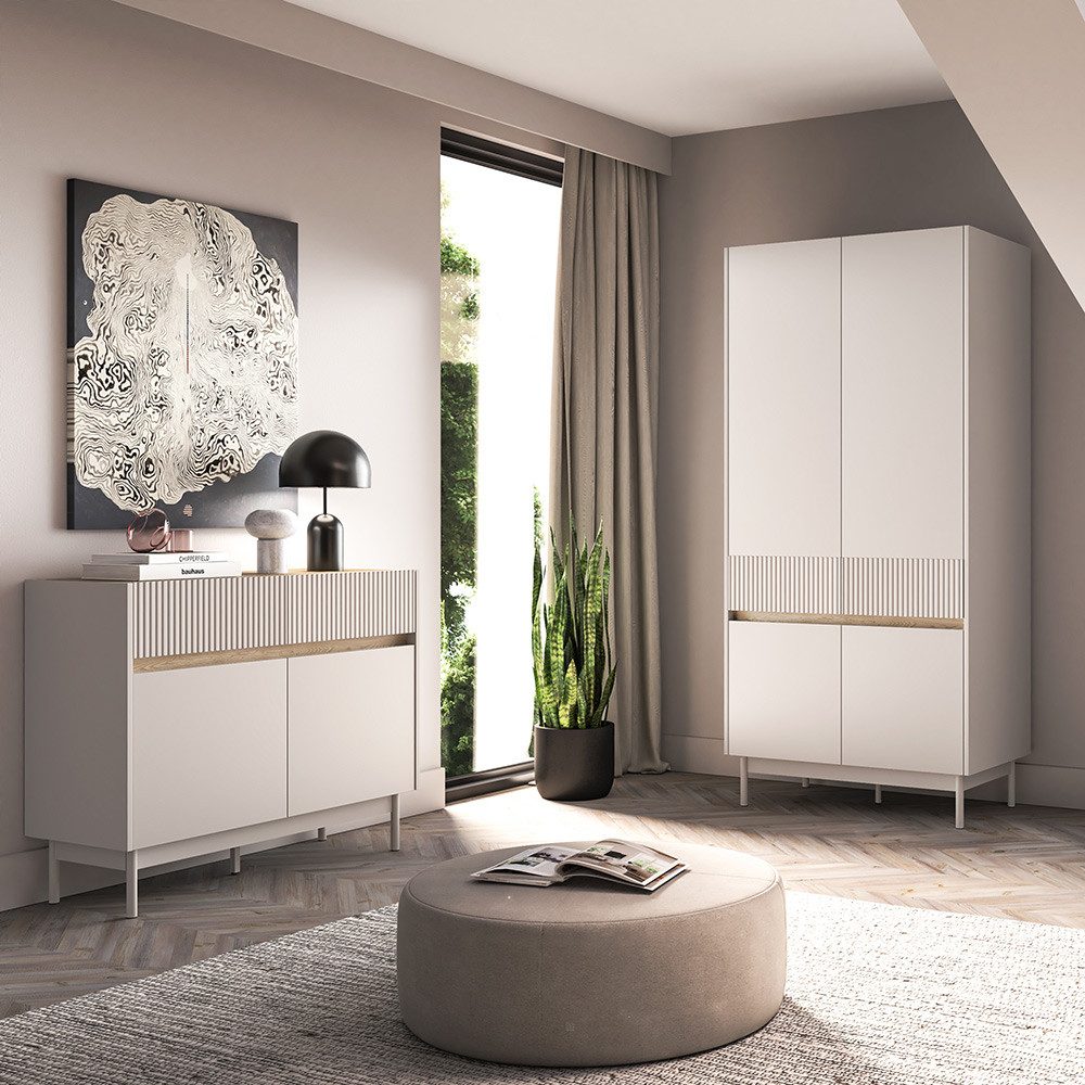 Lomadox Schlafzimmer-Set DINAR-131, (Spar-Set, 2-tlg., Kleiderschrank Sideboard Nachtkommode), kaschmir matt Eiche-Dekor modern Metallfüße grifflos Rillen