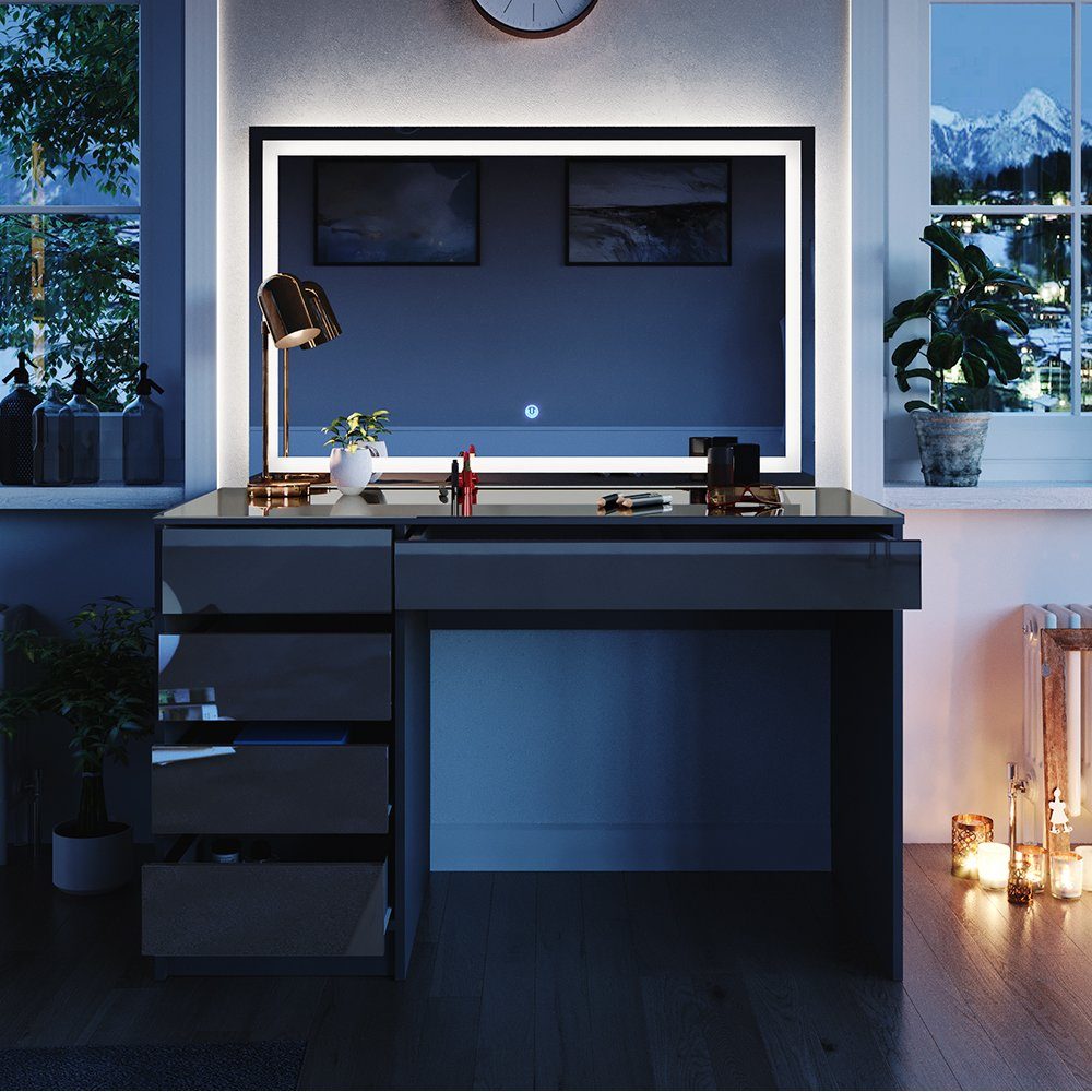 Vicco Schminktisch Sherry, Anthrazit Hochglanz, 120 cm mit LED-Spiegel