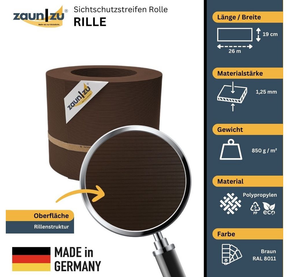 Thumbnail - zaunzu Sichtschutzstreifen Rille PP für Doppelstabmatten Zaun Braun 26m, (1 Rolle, gerillte Optik, UV-beständiger Sichts...