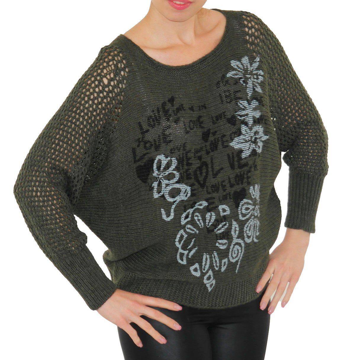 dunkelgrün Pullover Wolle leicht Longpullover Love-Blumen Top-Netz YESET Strick Pulli