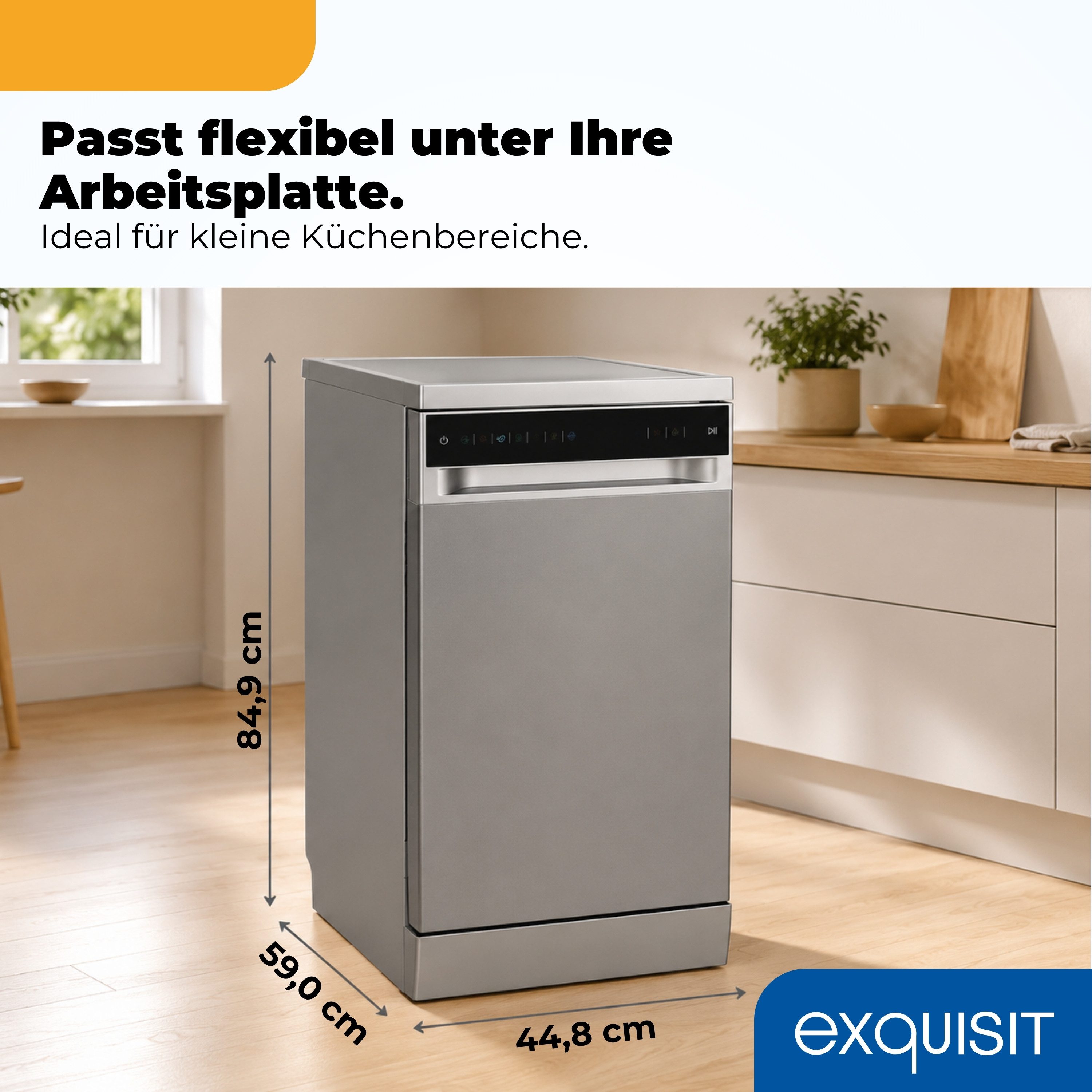 exquisit Standgeschirrspüler GSP9311-450C silber, 8,3 l, 11 Maßgedecke, 11 Maßgedecke, 7 Programme, LED, Besteckkorb, AquaStop – Bild 4 von 5