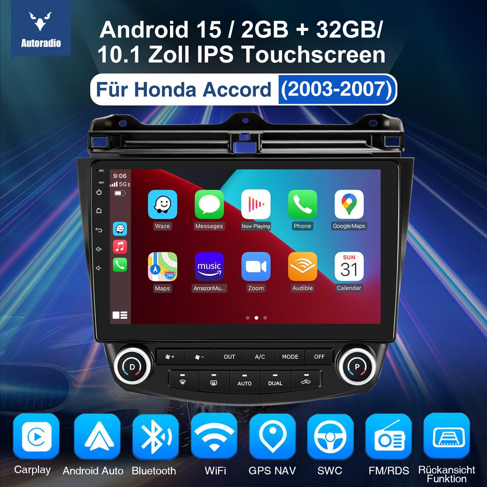 ESSGOO Android 15 Für Honda Accord 7 2003-2007 AUTORADIO Navi Autoradio (RDS, Digitalradio (DAB), FM, AM, 2 DIN Carplay Bluetooth Navigationsgeräte Rückfahrkamera (optional)
