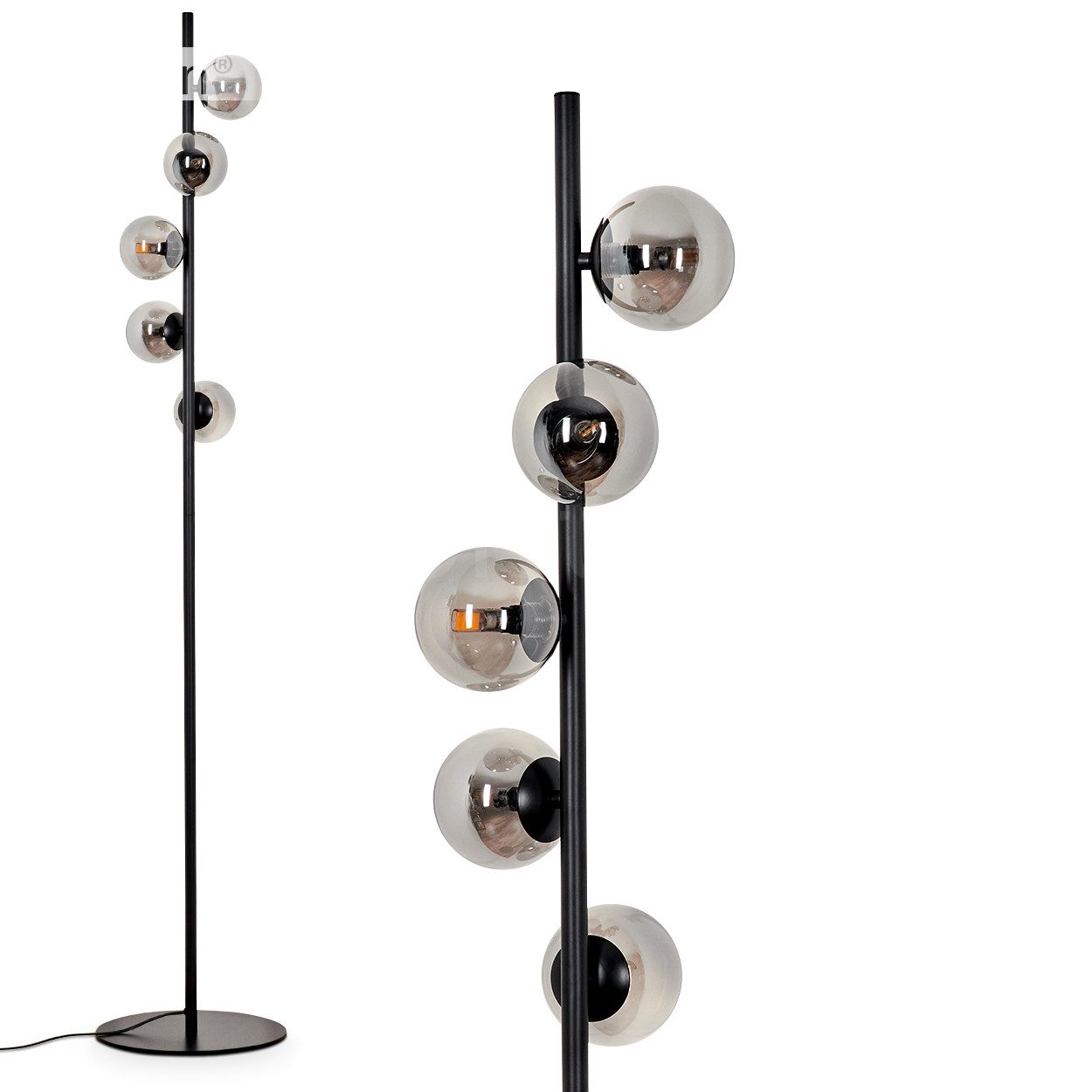 Stehlampe Stehlampe aus Metall/Glas in Schwarz/Rauchfarben