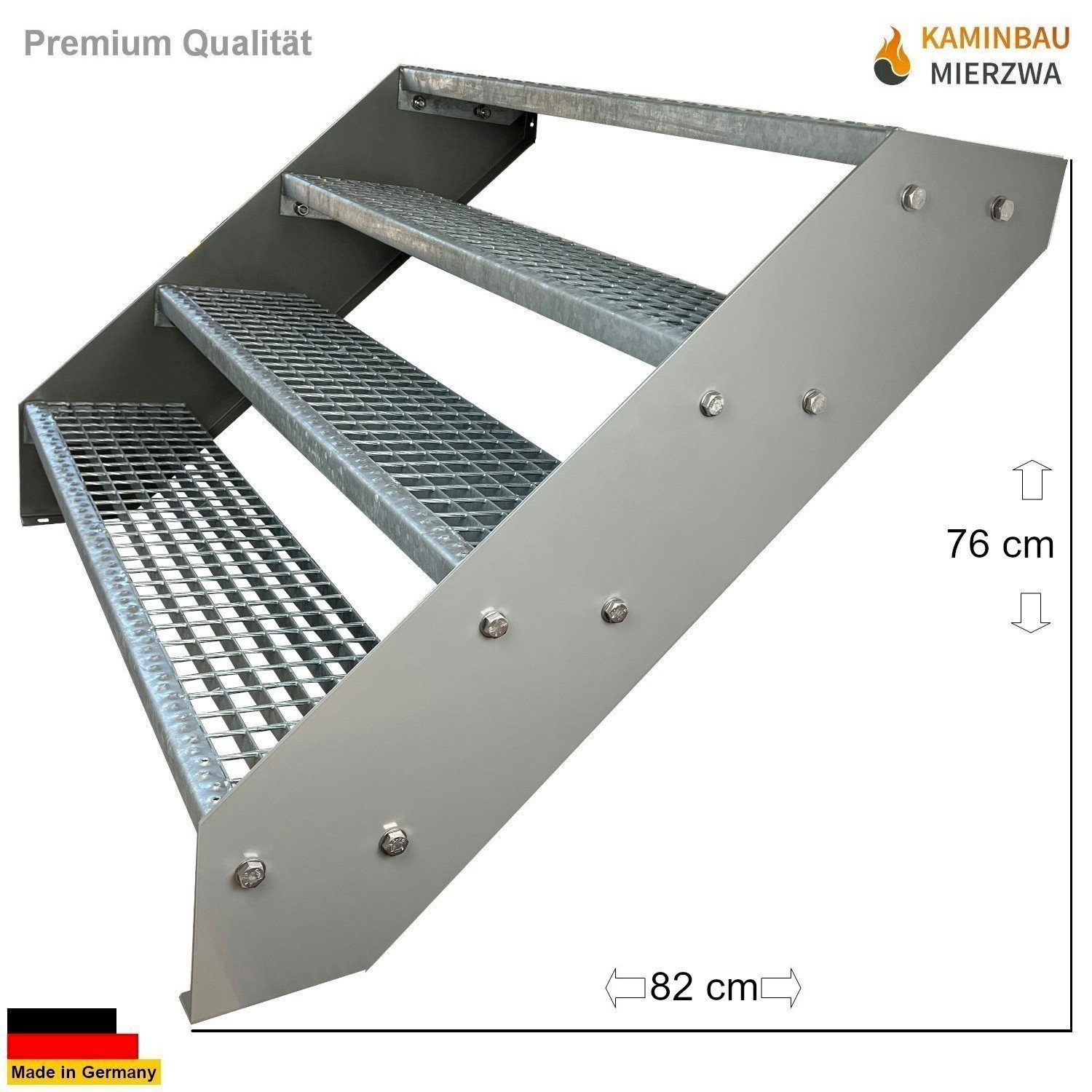 Kaminbau Mierzwa Außentreppe Premium Treppe Silber Höhe Verstellbar, für Geschosshöhen bis 76 cm, Stufen Gitterroststufen nach DIN 24531, (Höhe 76 cm, Breite wählbar aus 60, 80, 100, 120, 140 cm), Gartentreppe Stahltreppe Wetterfest Rostfrei Feuer-Verzinkt Rutschfest