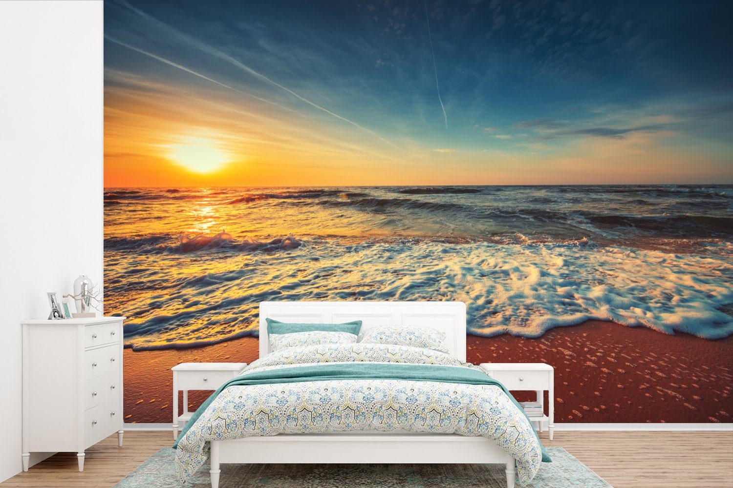 MuchoWow St), - - Schlafzimmer, (6 Matt, Wohnzimmer, Gold, Meer Kinderzimmer, Wallpaper Vinyl bedruckt, für Tapete - Strand Fototapete Sonnenuntergang