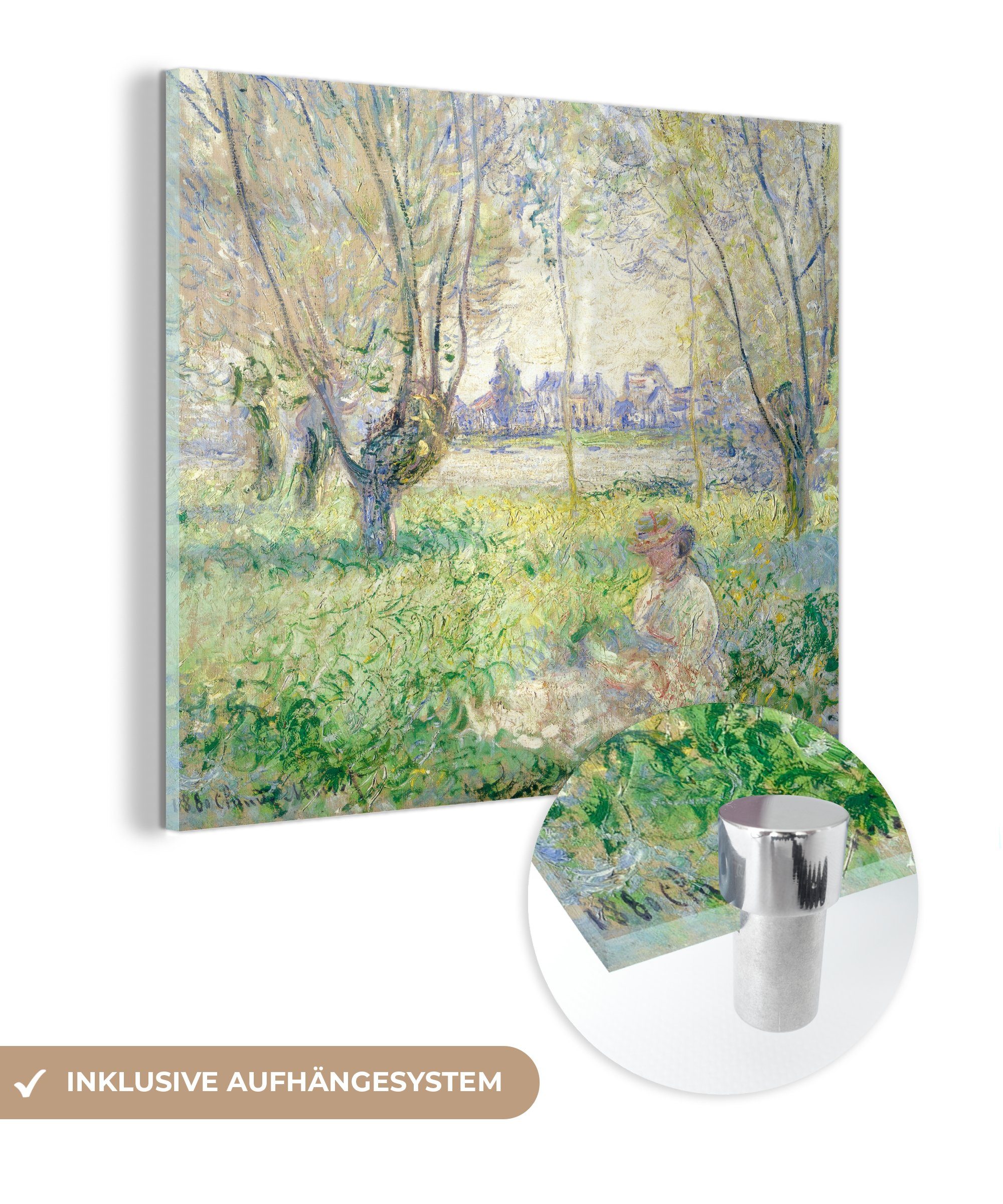 MuchoWow Acrylglasbild Sitzende Frau unter den Weiden - Claude Monet, (1 St), Glasbilder - Bilder auf Glas Wandbild - Foto auf Glas - Wanddekoration