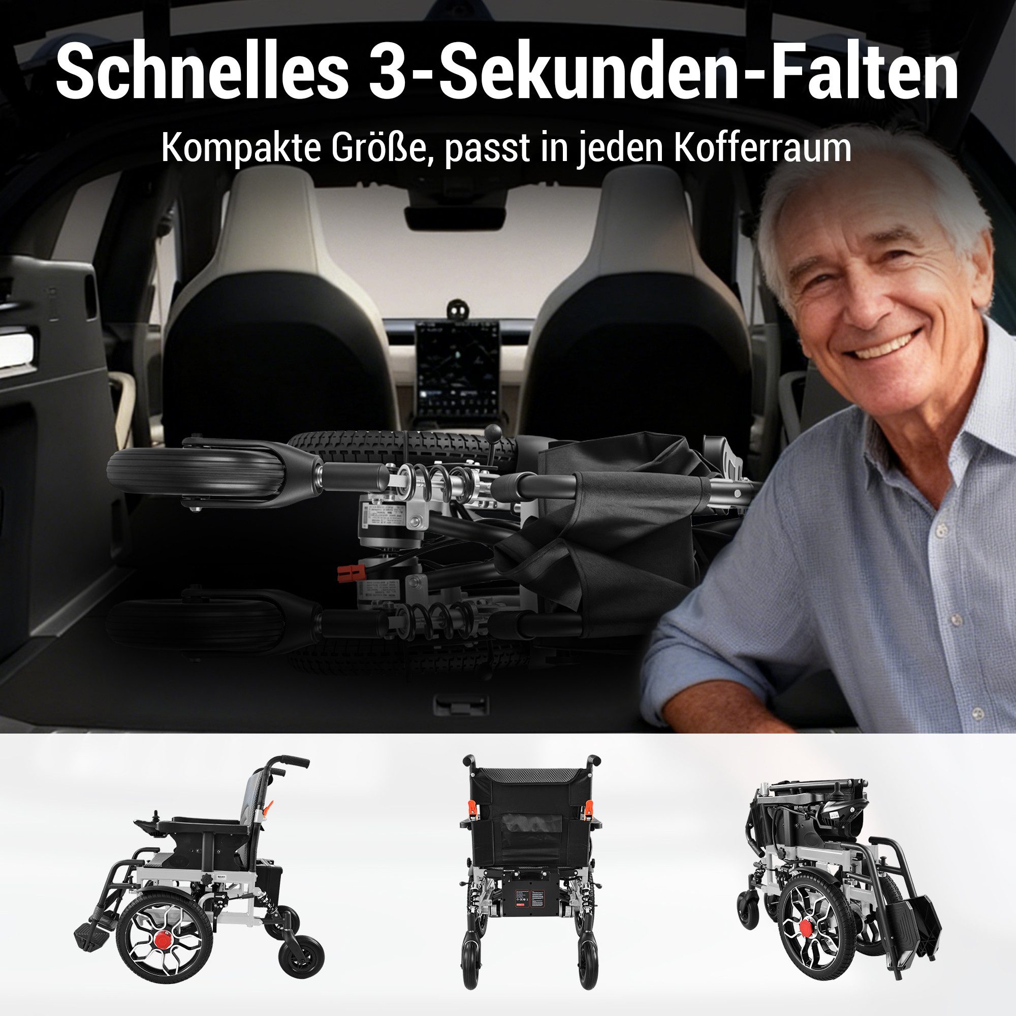Vankel Elektrorollstuhl klappbar leicht elektr. Rollstuhl 500W, max.20 km max.150 kg, 2x250W, 6,00 km/h E-Rollstuhl