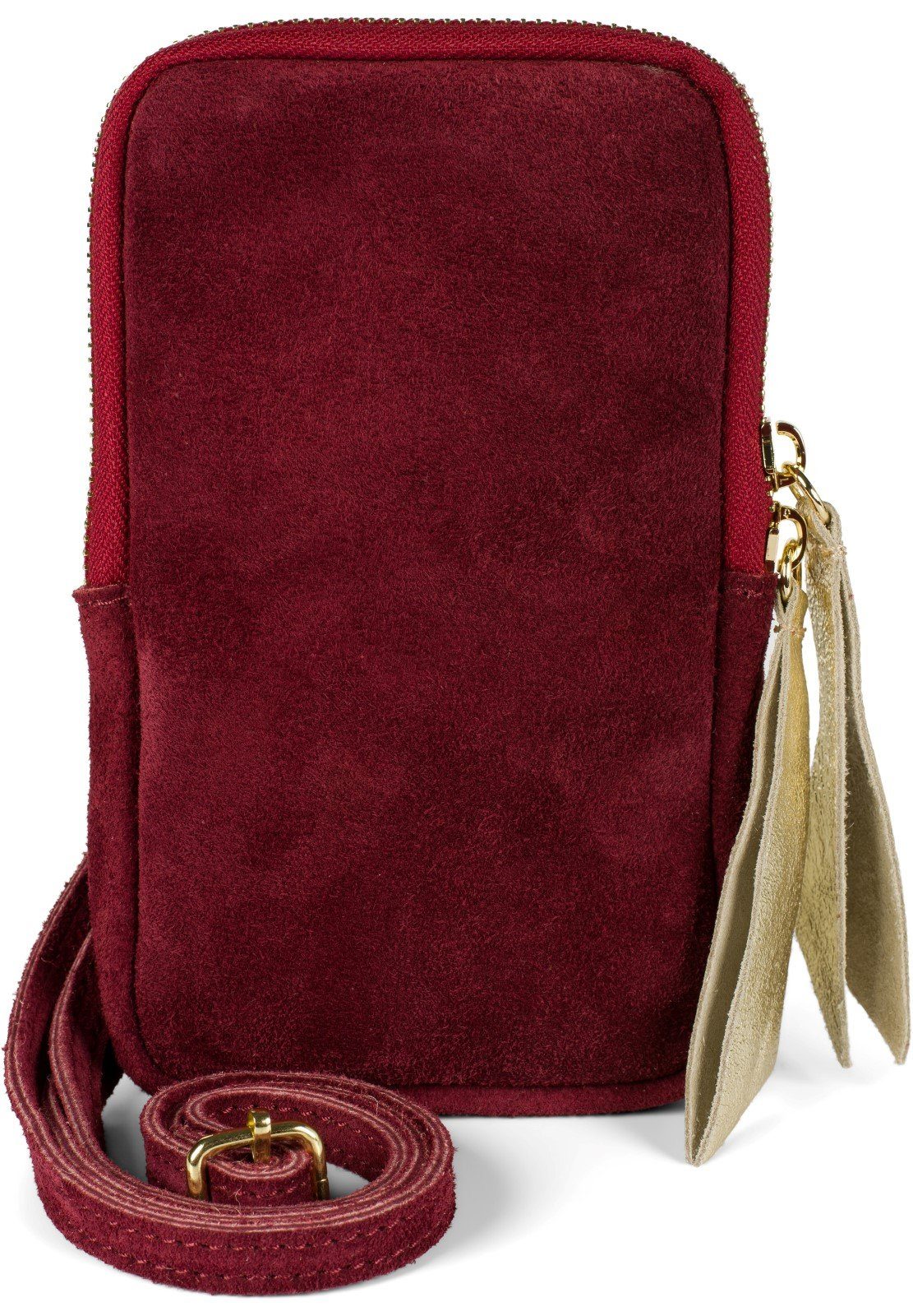 styleBREAKER Mini Bag (1-tlg), Umhängetasche Bordeaux-Rot Echtleder Handy Veloursleder