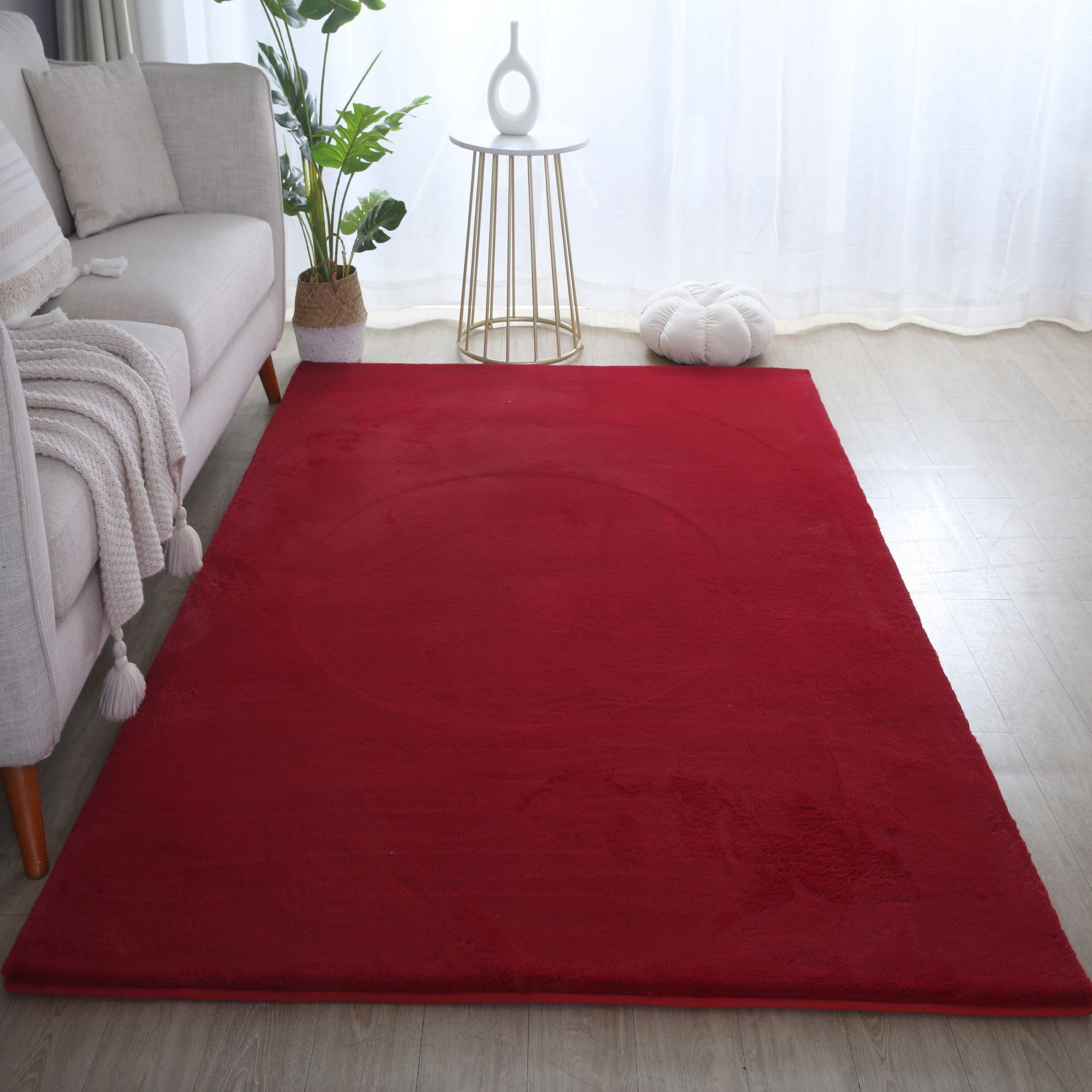 Fellteppich Unicolor - Einfarbig, Carpetsale24, Läufer, Höhe: 20 mm, Teppich Wohnzimmer Einfarbig Shaggy Modern Flauschiger Felloptik Weich Rot