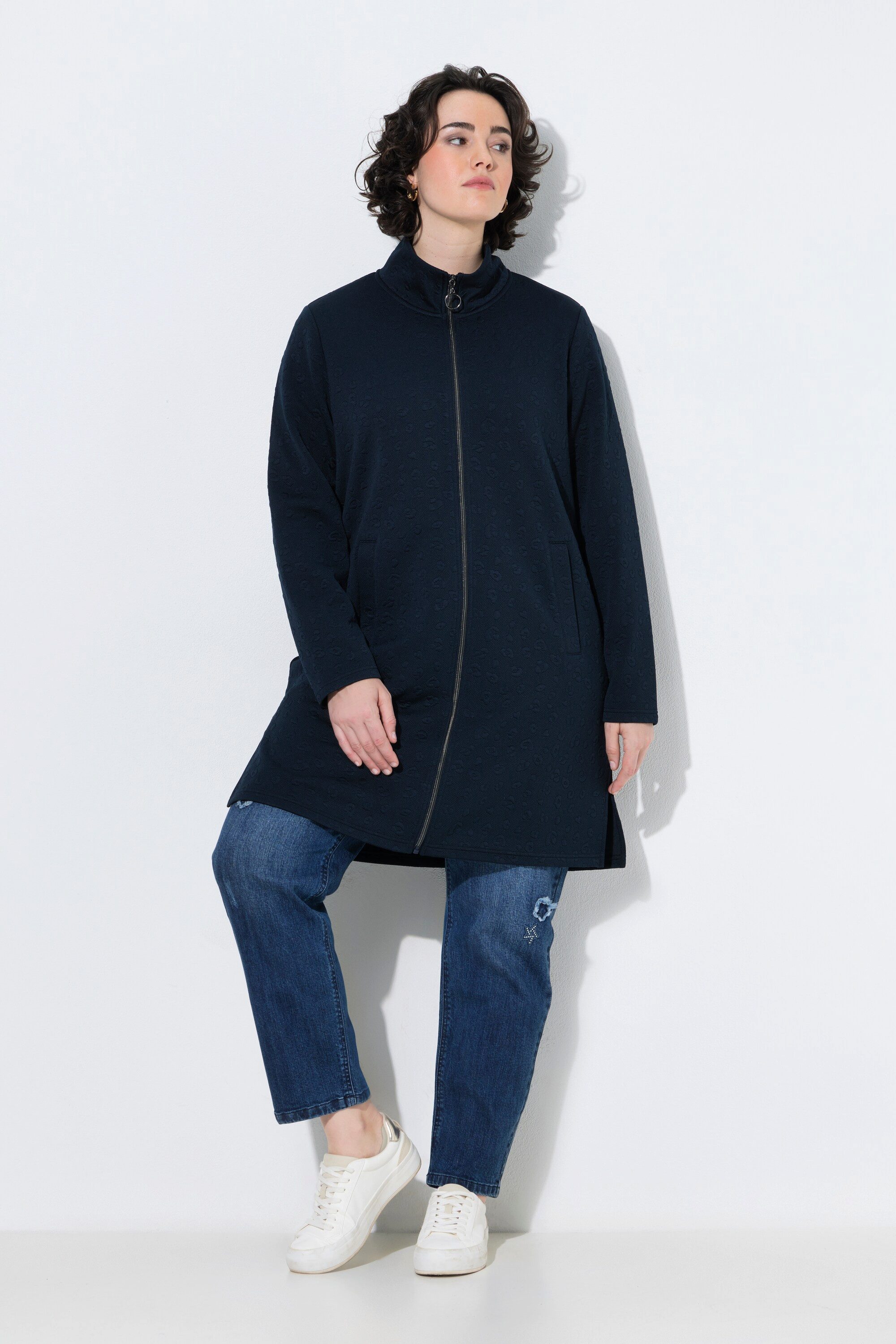 Ulla Popken Sweatjacke Long-Sweatjacke Leomuster Stehkragen Langarm
