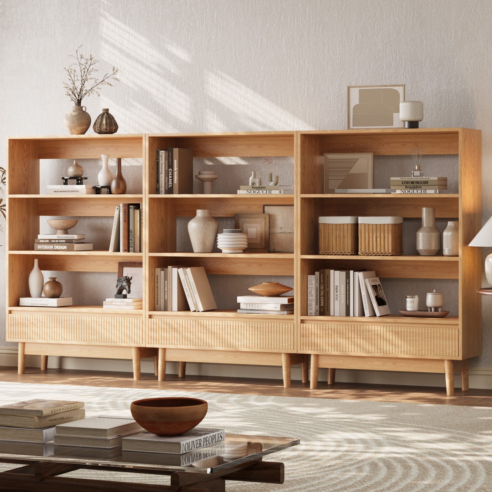 VOWNER Bücherregal mit Schublade, offenes Standregal, modernes Holzregal, 3-tlg., vielseitiges Aufbewahrungsregal, 3 Ebenen, Maße 240x120x30 cm