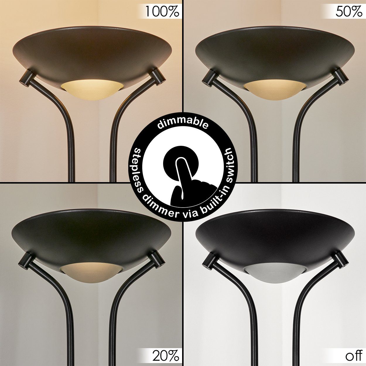 hofstein Stehlampe moderne Bodenlampe aus Metall/Glas in Schwarz/Weiß, LED fest integriert, 3000 Kelvin, verstellbare Stehlampe, 2070 Lumen, dimmbar über An-/Ausschalter