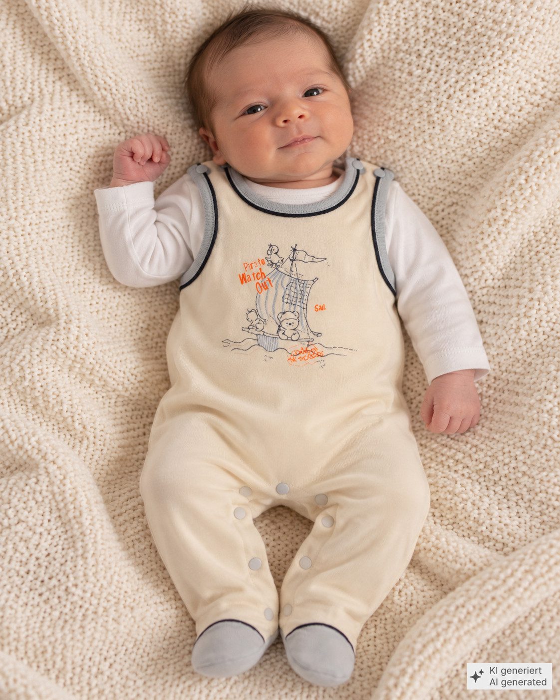 La Bortini Strampler Erstlingsset für Neugeborene Stramplerhose Langarmshirt in Creme (Anzug 2-teilig, für Jungen, ecry) mit Piratenschiff Aufdruck, 50 56 62 68