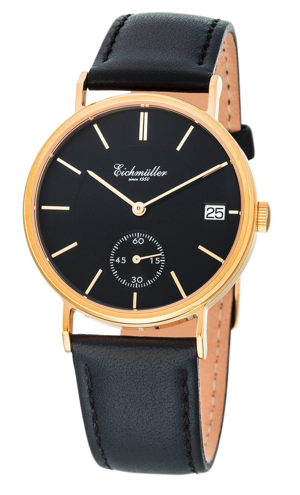 Eichmüller Quarzuhr elegante Herren-Armbanduhr, vergoldetes Gehäuse, 3037-05, schwarzes Zifferblatt, schwarzes Lederarmband, 37 mm