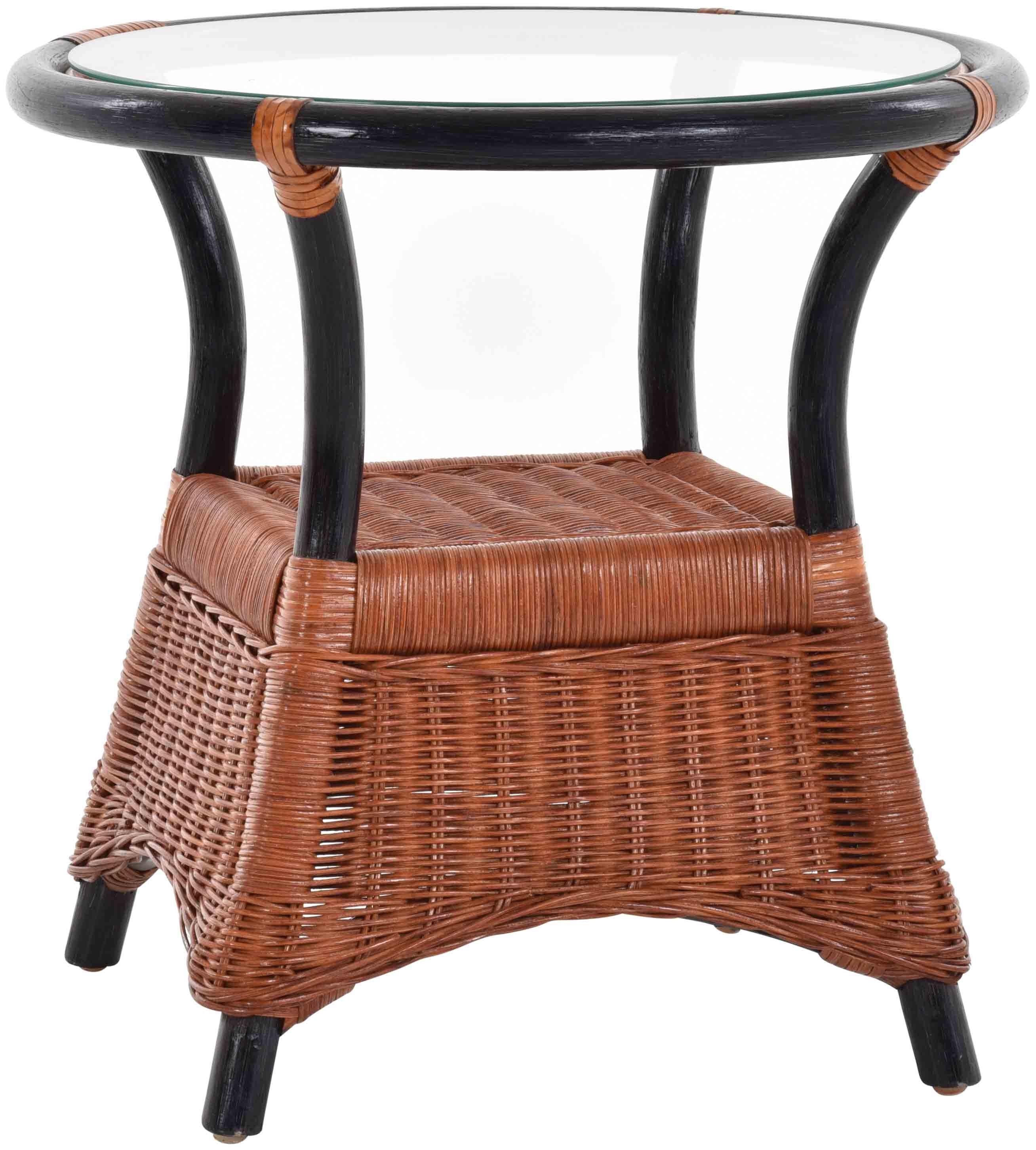 Krines Home Beistelltisch Rattan Beistelltisch mit Glasplatte Kaffeetisch Wohnzimmer Tisch, aus Rattan Naturmaterial Rotbraun-Schwarz