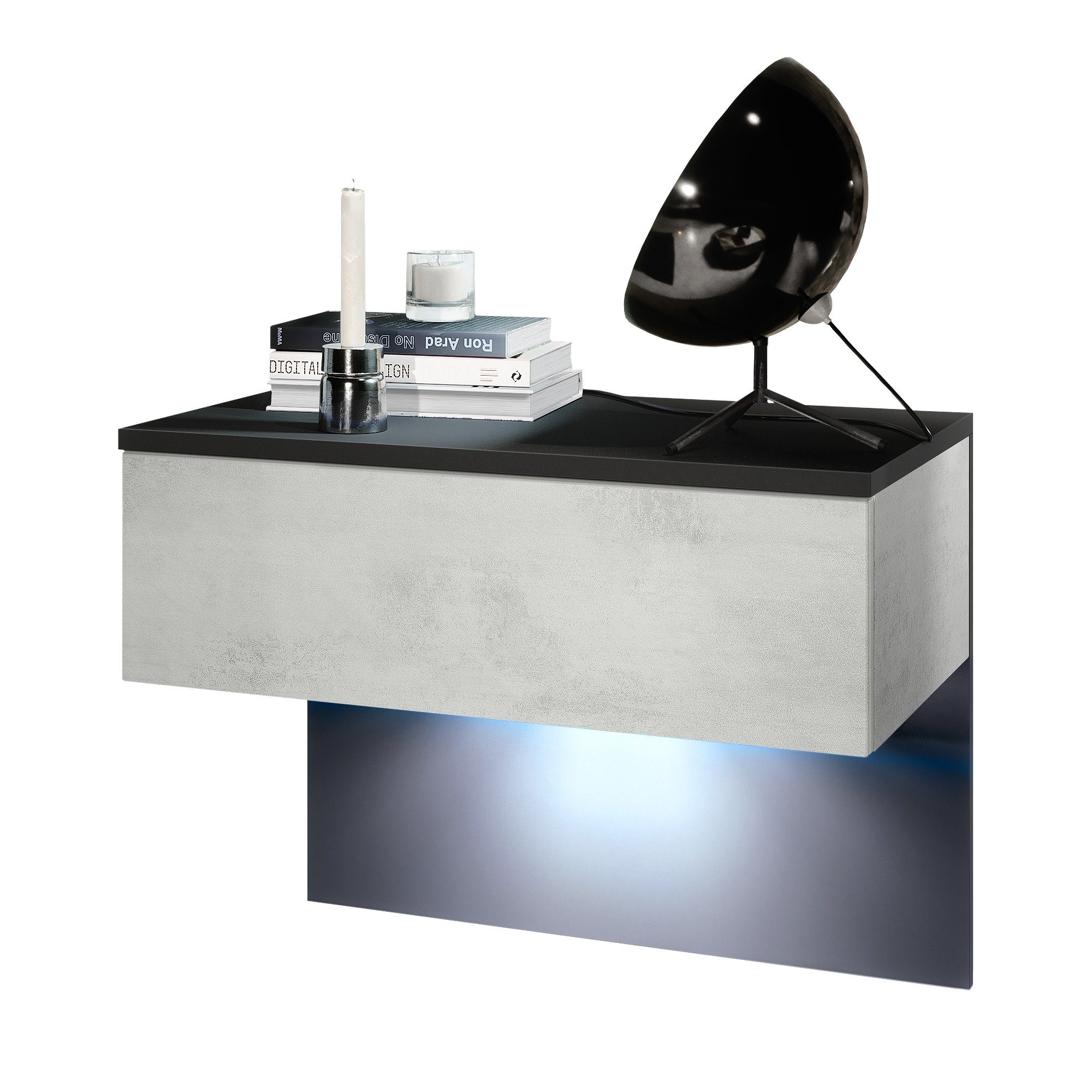 Vladon Nachttisch Sleep (Nachttischschrank, mit Schublade zur Wandmontage), Schwarz matt/Beton Oxid Optik (60 x 46 x 35 cm)