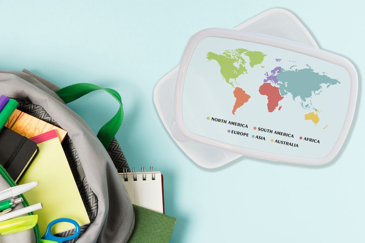 Brotdose, Kunststoff, Kinder und Brotbox Weltkarte Mädchen für (2-tlg), Farben, Jungs Erwachsene, Trendy - für und Kinder weiß - MuchoWow Lunchbox