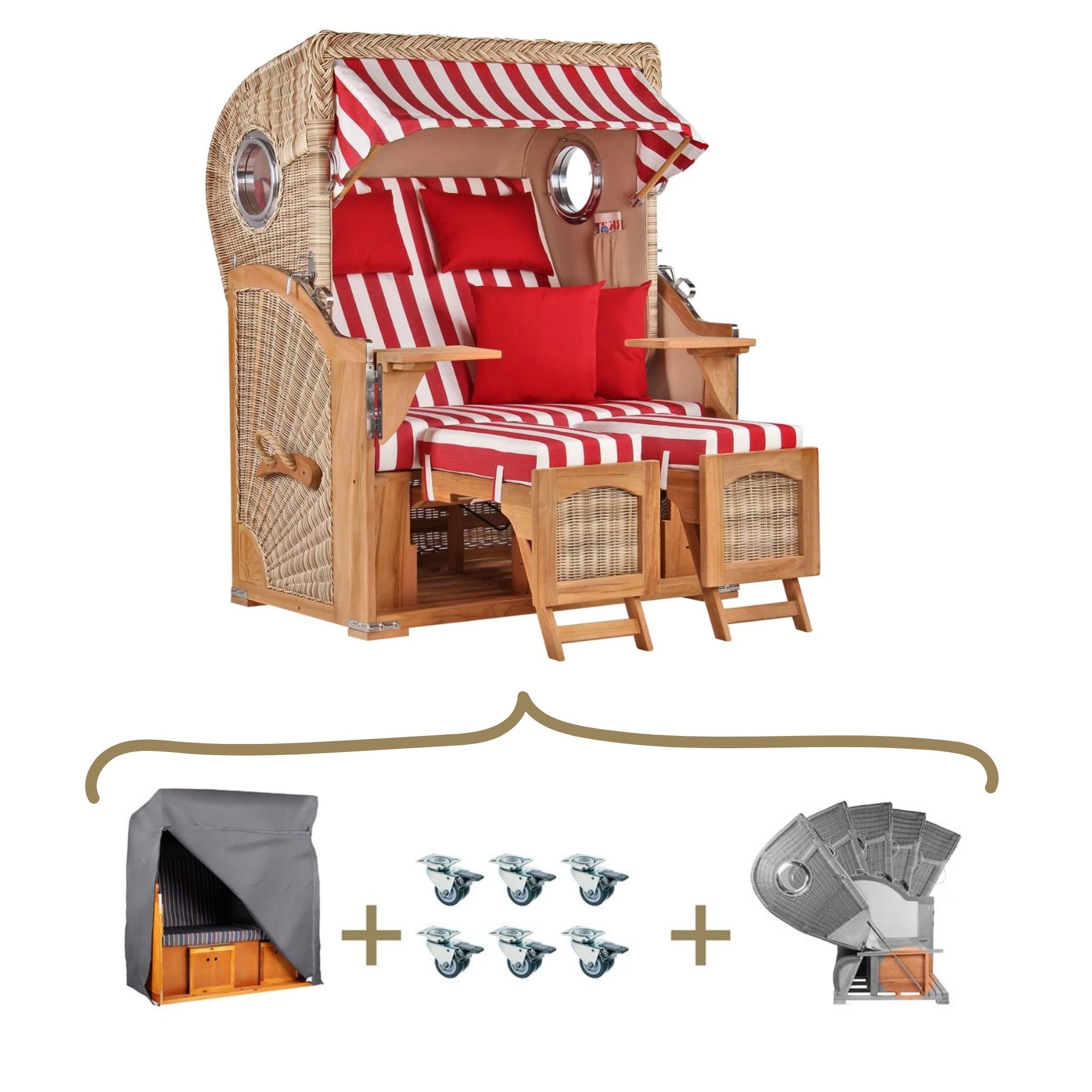 MR.DEKO Strandkorb Komplettset Düne Teak Shell Volllieger inkl. Lifter & Haube Rot/Weiß, BxTxH: 125x80x170 cm, Volllieger, Düne, (Luxus-Komplettset 4-tlg. inkl. Abdeckhaube, 4-tlg., Strandkorb inkl. Abdeckhaube, Rollen und Lifter-System), Wetterfester Strandkorb inkl. Lifter & Rollen, Fertig montiert
