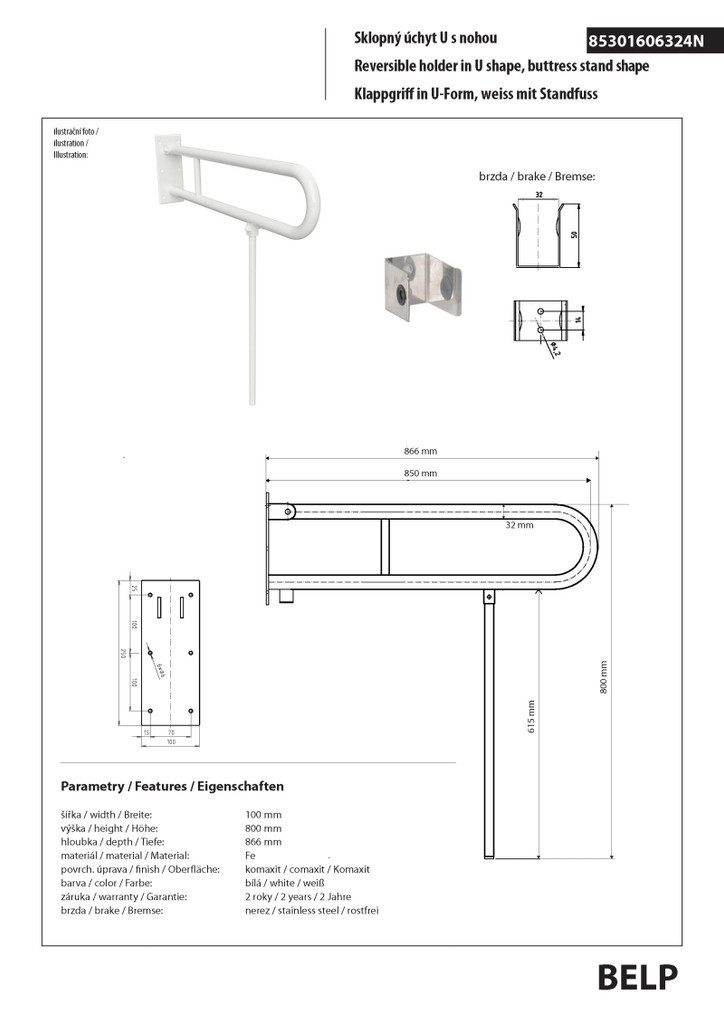 BRILLANTBAD® Stützklappgriff BELP Stützklappgriff U-Form mit Standfuß Eisen Weiß Bad & WC >> Bohren