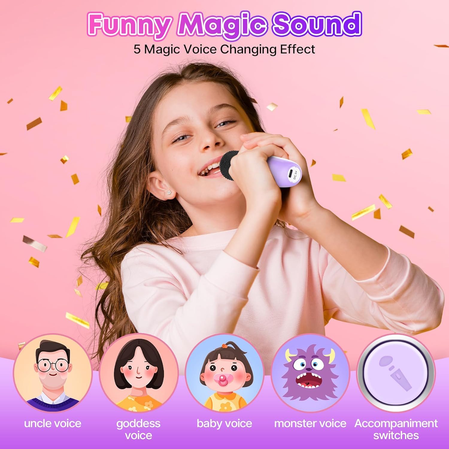POPOLIC Karaoke Maschine für Kinder, Mini Karaoke Maschine mit 2 Mikrofonen Bluetooth-Lautsprecher (tragbarer Bluetooth-Lautsprecher mit LED-Lichtern und Stimmeffekten)