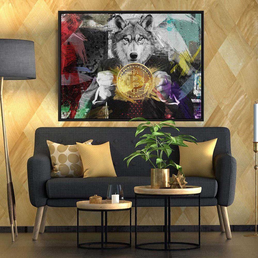DOTCOMCANVAS® Leinwandbild Crypto Premium Wolf Wolf, - Rahmen Trading - Bitcoin Bitcoin Leinwandbild - weißer - Motivation