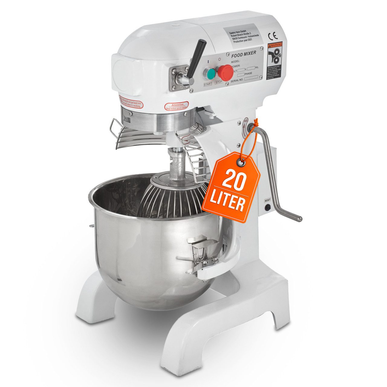 GastroHero Küchenmaschine Planetenrührwerk 20 Liter - Teigknetmaschine, 750 W, 20 l Schüssel, Überhitzungsschutz, Schutzgitter, 3 Geschwindigkeitsstufen