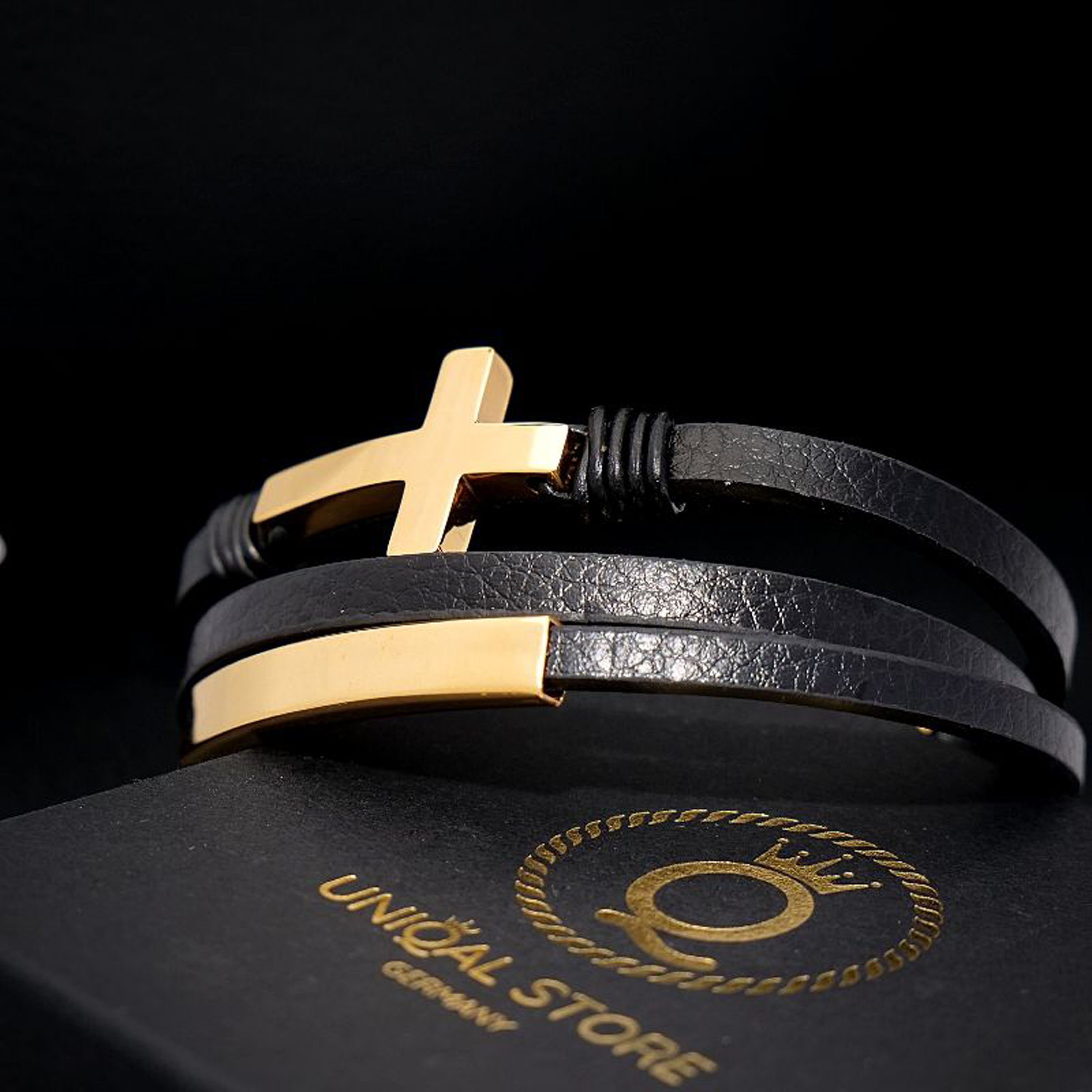 Kreuz Handgefertigt) Gold cross, Lederarmband "CHURCH" Echtleder, Casual mit UNIQAL.de Herren Style, Lederarmband plate.dreilägig (Edelstahl,