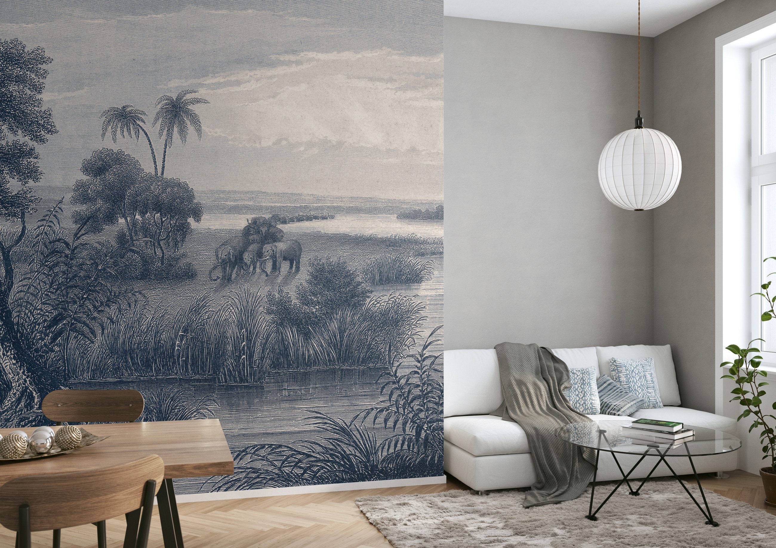 Rasch Fototapete Elefanten-Motiv - Vliestapete Beige Blau, Leinenoptik, Digitaldruck, Vintage-Optik, (1 Rolle, 1 St., Kollektion 'Lirirco' - 2,65 m x 3,71 m), gute Lichtbeständigkeit, waschbeständig, restlos abziehbar