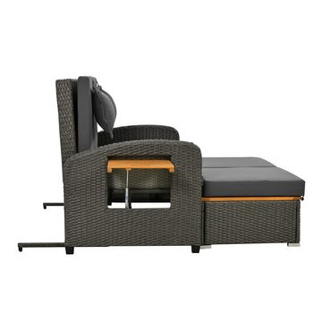 Merax Loungeset 3 in 1 mit 3 Fach verstellbarer Rückenlehne aus Polyrattan, Gartenmöbel Set Akazie mit Ablagefläche und Sitzhocker, Loungebett