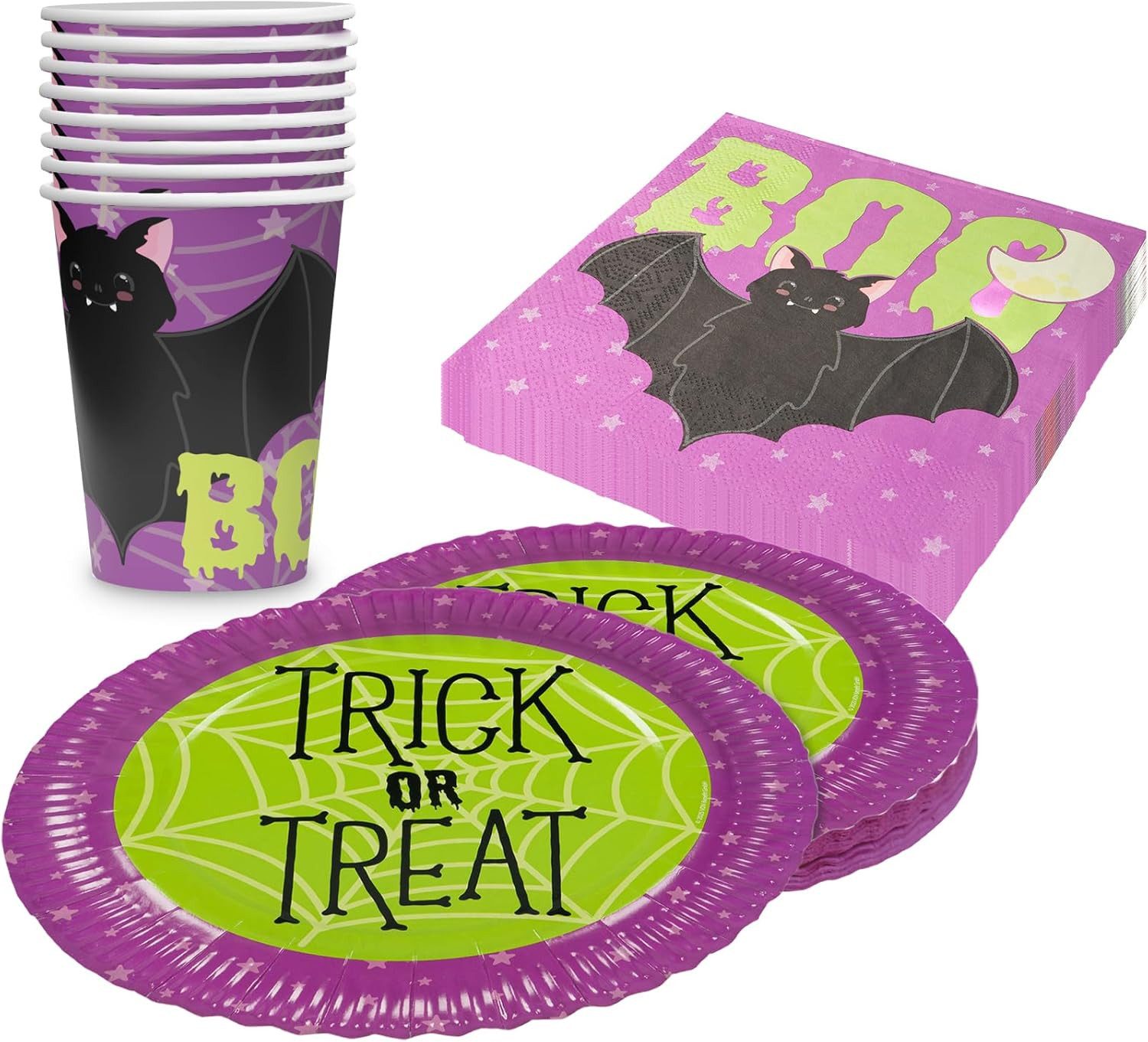Party Factory Geschirr-Set Halloween Skelett Party-Set 8 Pappteller 8 Pappbecher 20 Servietten, 8 Personen, schaurig, spaßig und unkompliziert