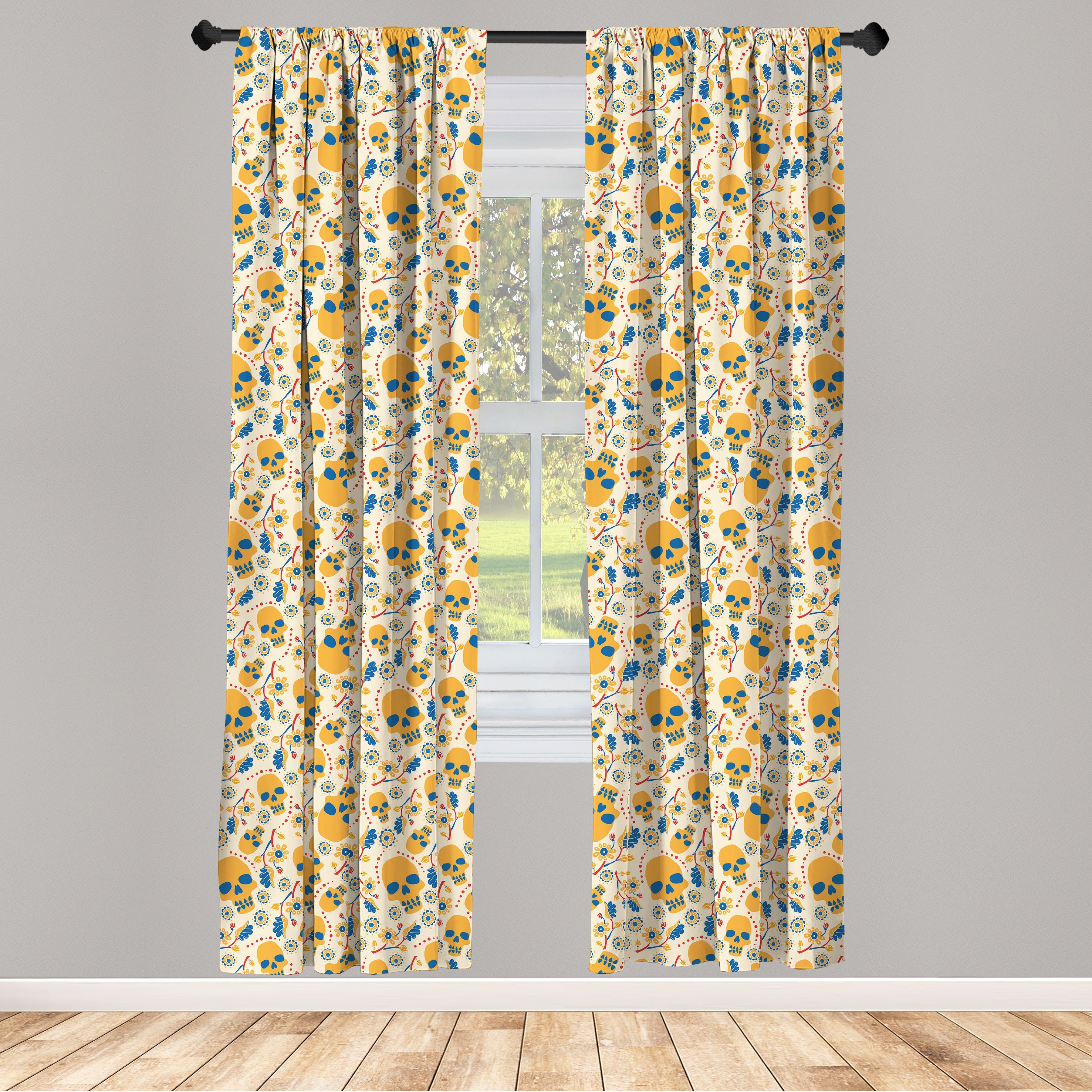 Gardine Vorhang für Wohnzimmer Schlafzimmer Dekor, Abakuhaus, Microfaser, Schädel Bunte Blumen Gothic Artikel